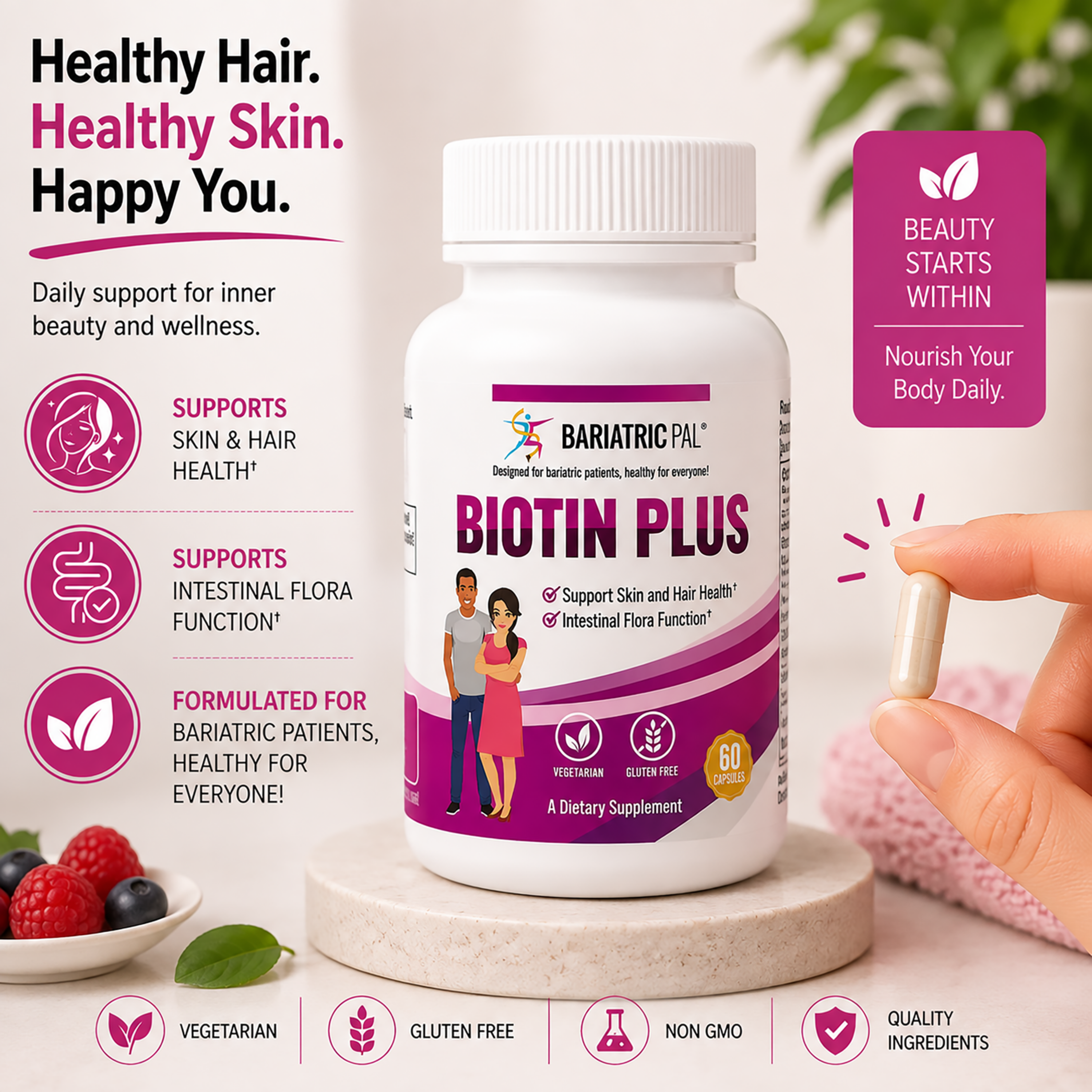BariatricPal Biotin Plus supports healthy skin and hair along with balanced intestinal flora. Vegetarian and gluten-free with no artificial colors or flavors; 60 capsules.