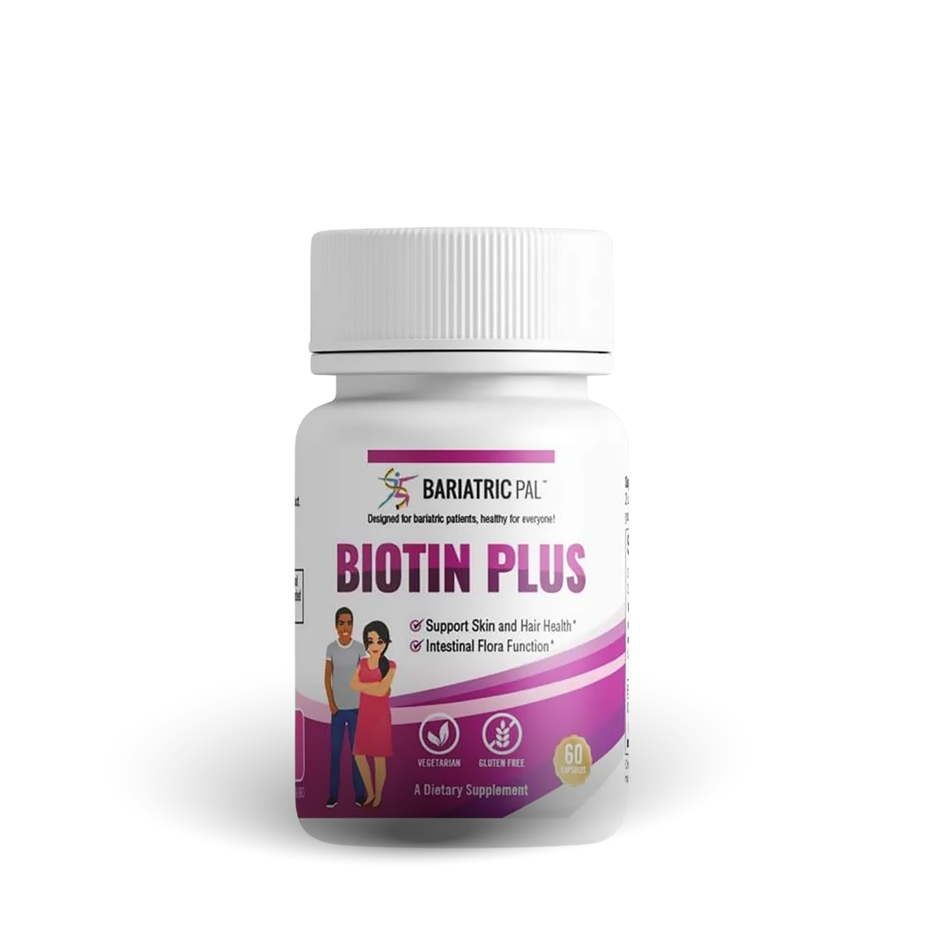 Bottle of BariatricPal Biotin Plus, a vegetarian and gluten-free supplement formulated to support skin, hair and intestinal flora. Contains 60 capsules.