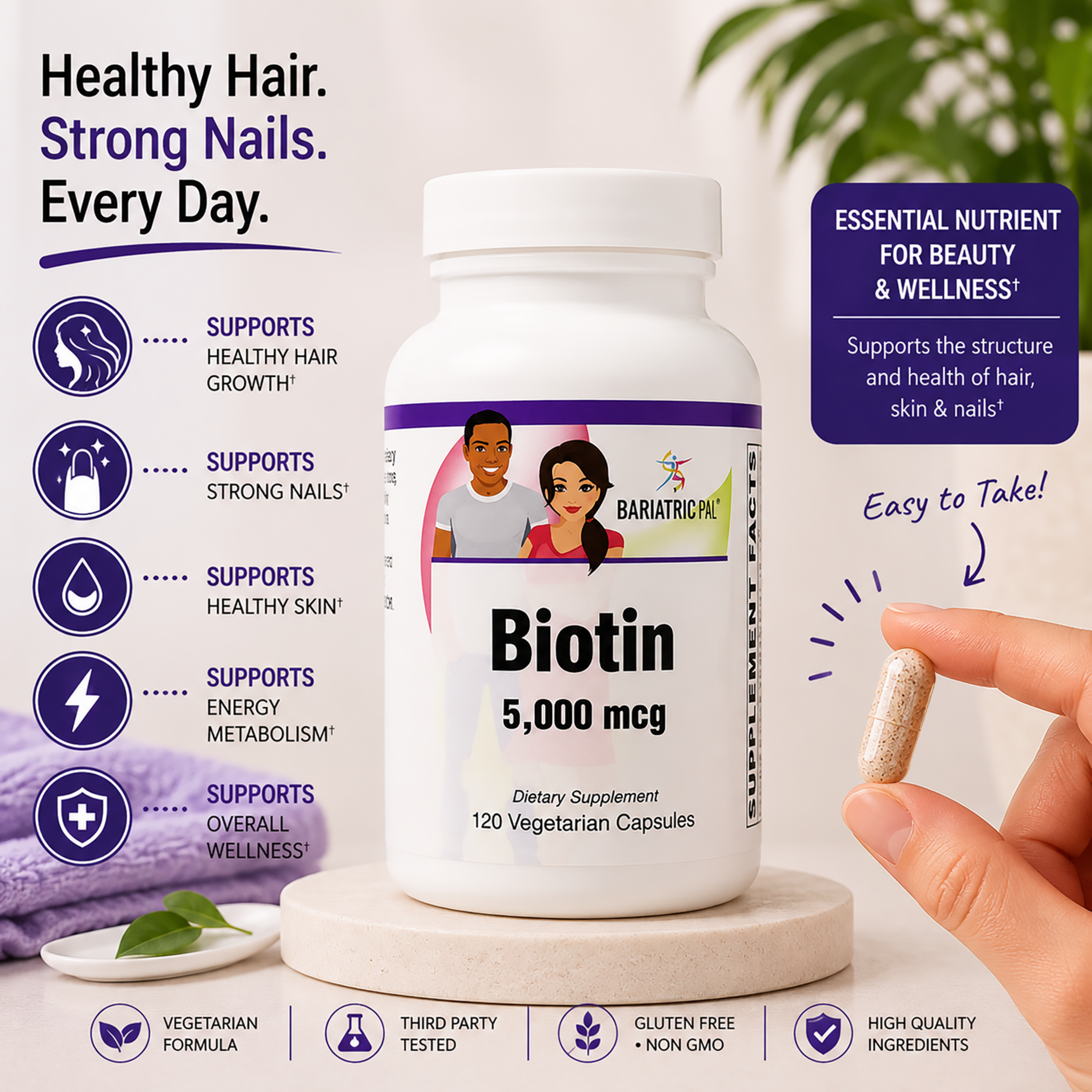 BariatricPal Biotin 5,000 mcg vegetarian capsules provide daily support for healthy hair, skin, nails and energy metabolism. Bottle contains 120 capsules.