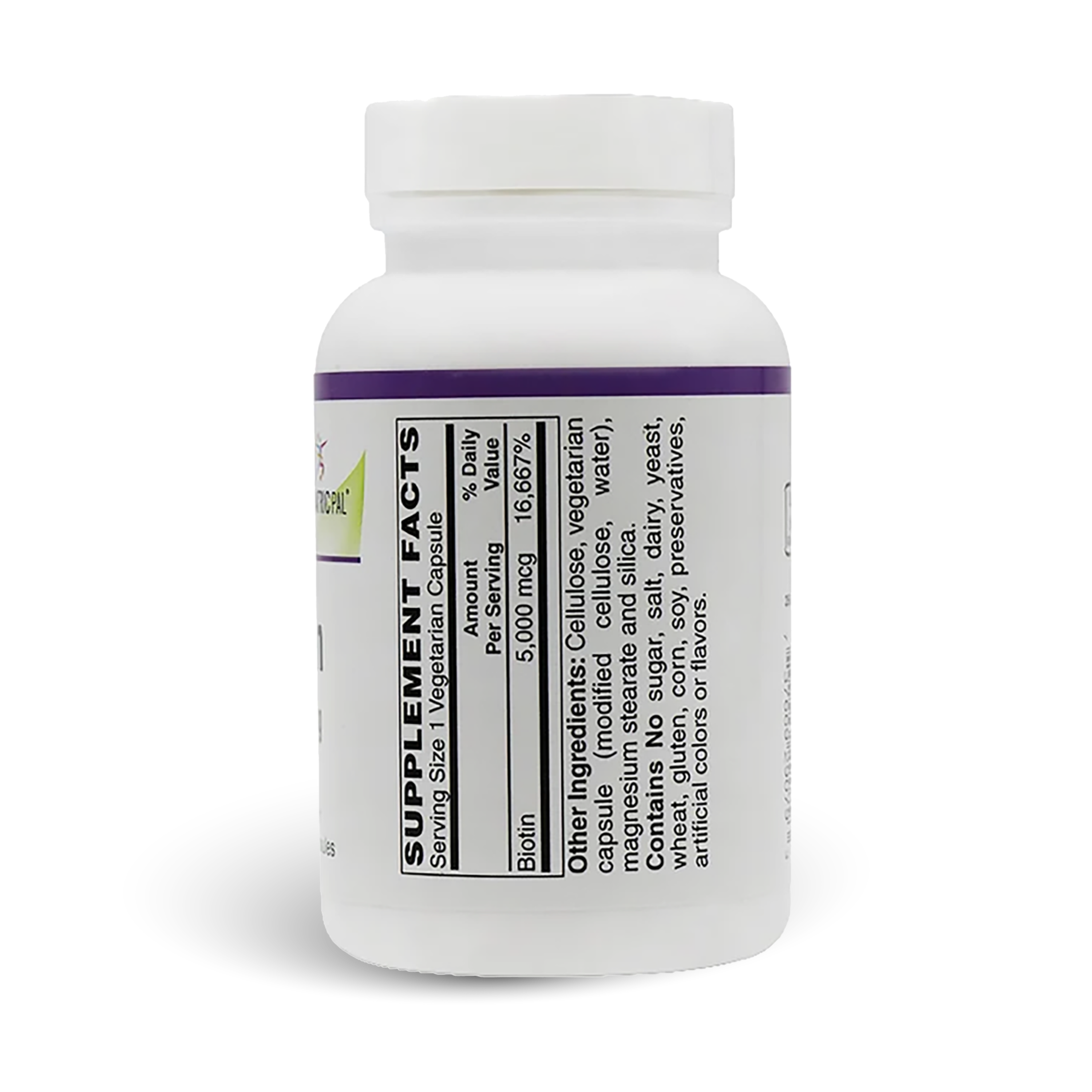 BariatricPal Biotin 5,000 mcg with 120 vegetarian capsules to support healthy hair, skin, nails and energy metabolism - supplement facts. 