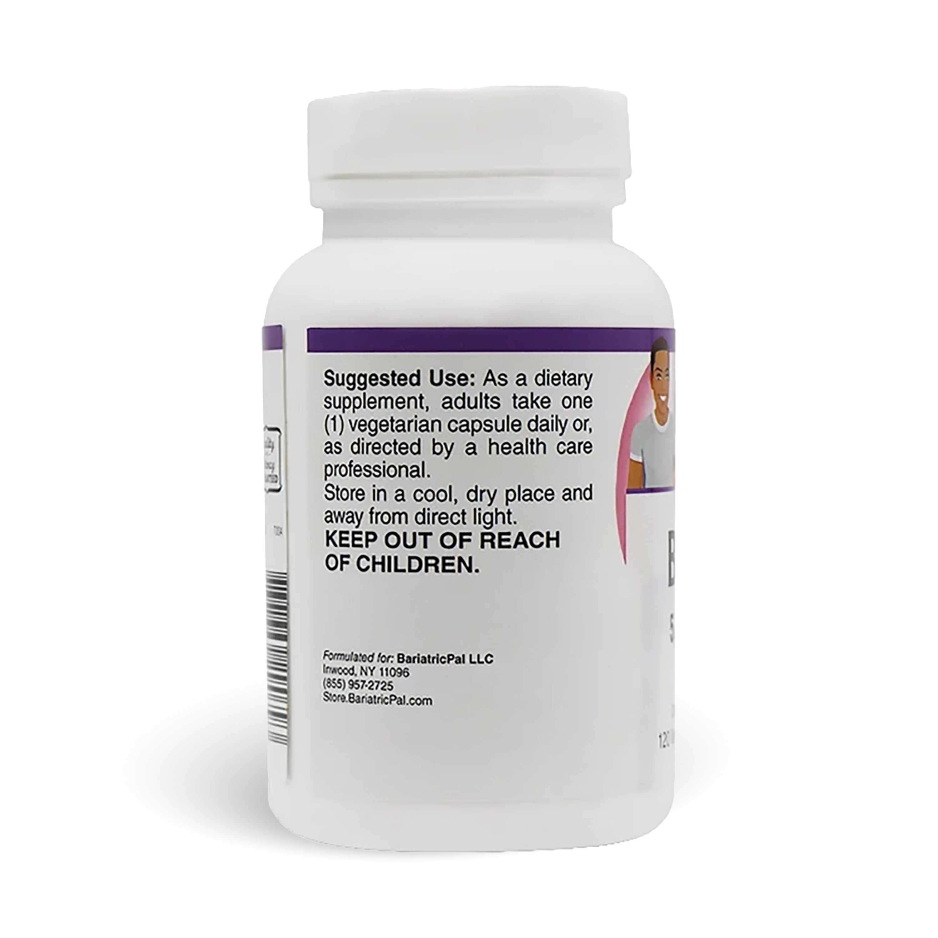 BariatricPal Biotin 5,000 mcg with 120 vegetarian capsules to support healthy hair, skin, nails and energy metabolism - suggested use.