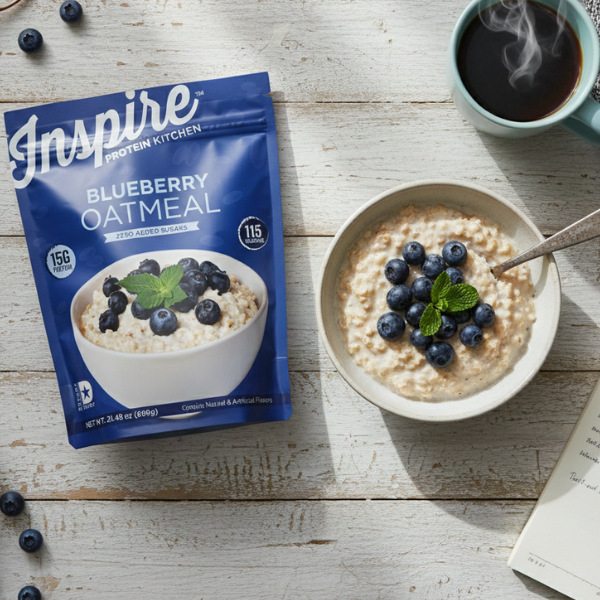 A bowl of blueberry oatmeal topped with fresh blueberries and a mint leaf sits beside a packet labeled "Inspire Blueberry Oatmeal," with a cup of coffee and an open book on a wooden table.