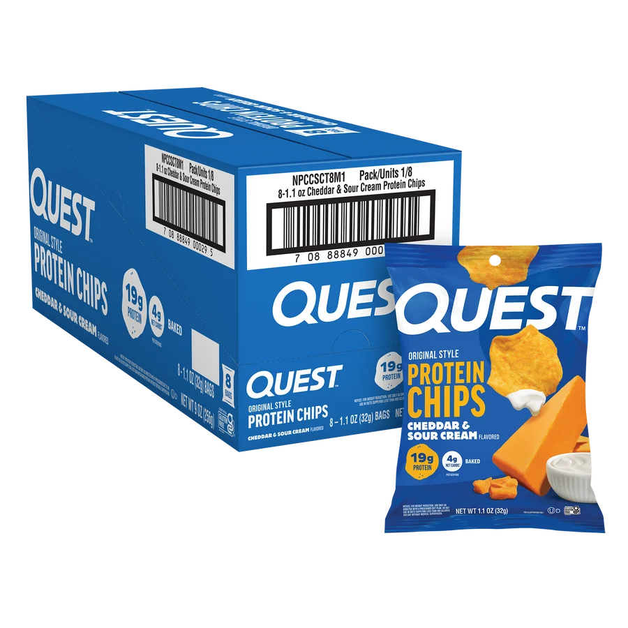 A blue box of Quest Cheddar & Sour Cream Protein Chips is displayed alongside a single bag, highlighting the product's protein content and flavor, with a focus on its baked, snackable nature.