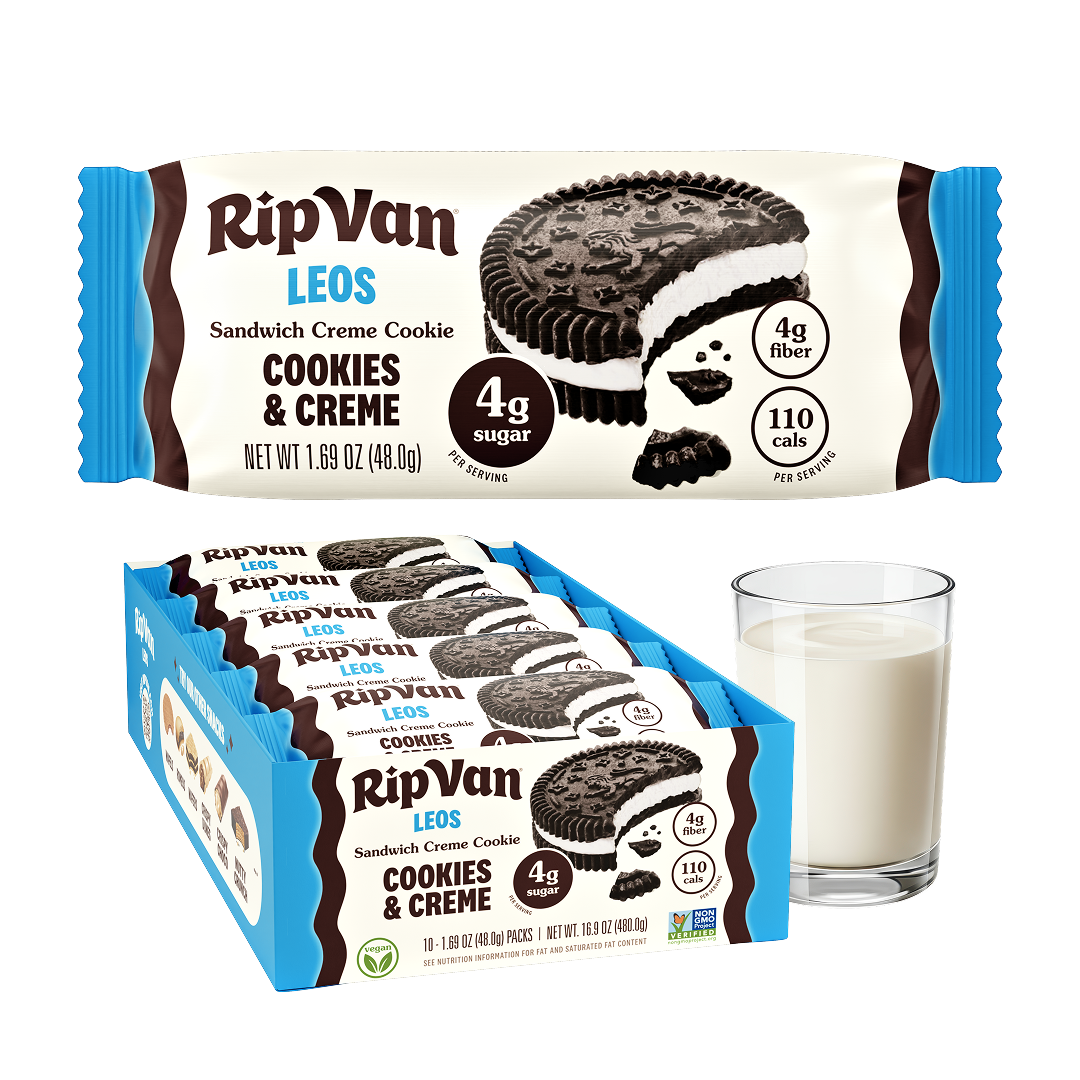 A box of RipVan Leos Cookies & Creme sandwich cookies is displayed with an open wrapper showing a cookie, alongside a glass of milk, highlighting the product's low sugar and calorie content.