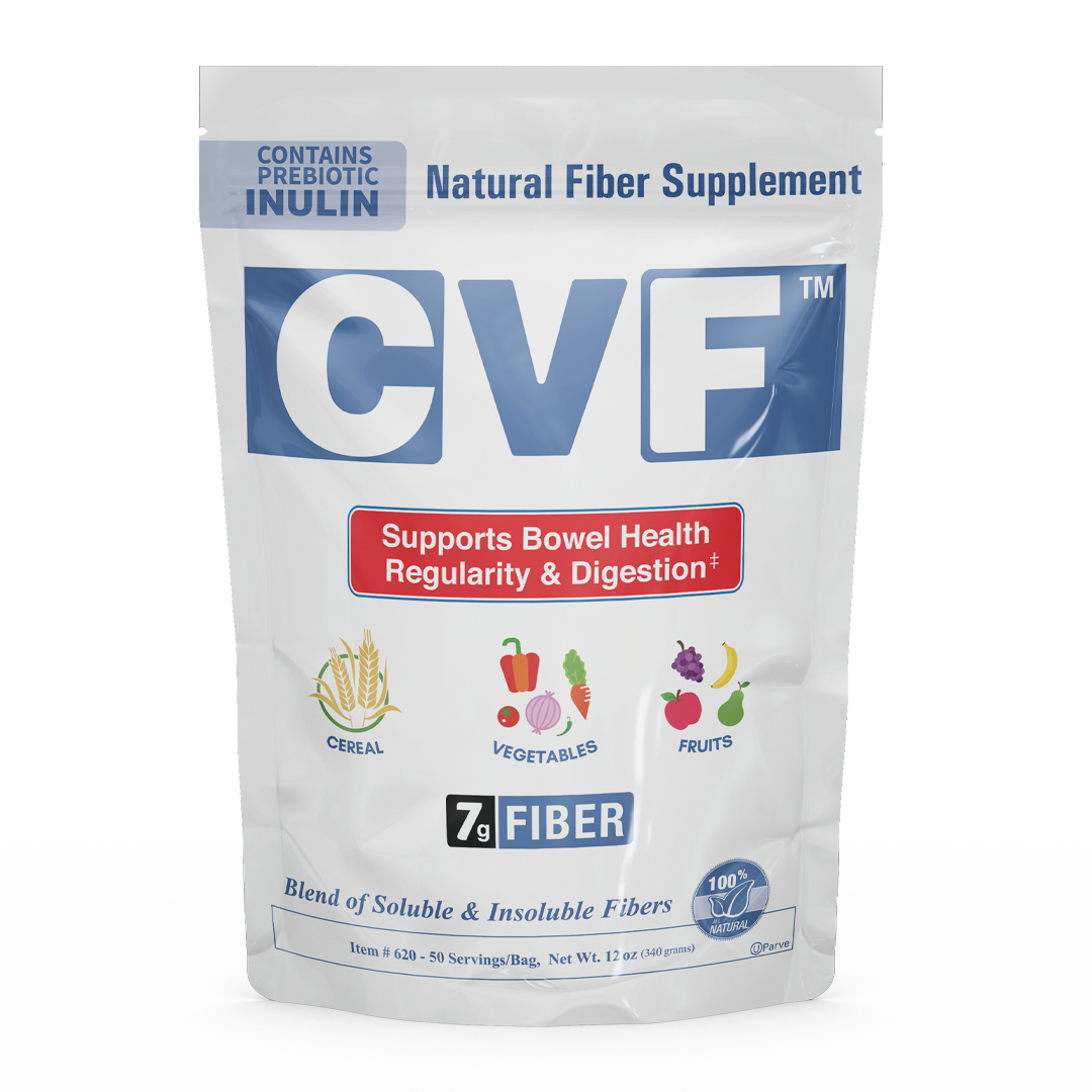 A resealable bag of CVF Natural Fiber Supplement, featuring a blue and white design, highlights its benefits for bowel health and digestion, with illustrations of cereal, vegetables, and fruits.
