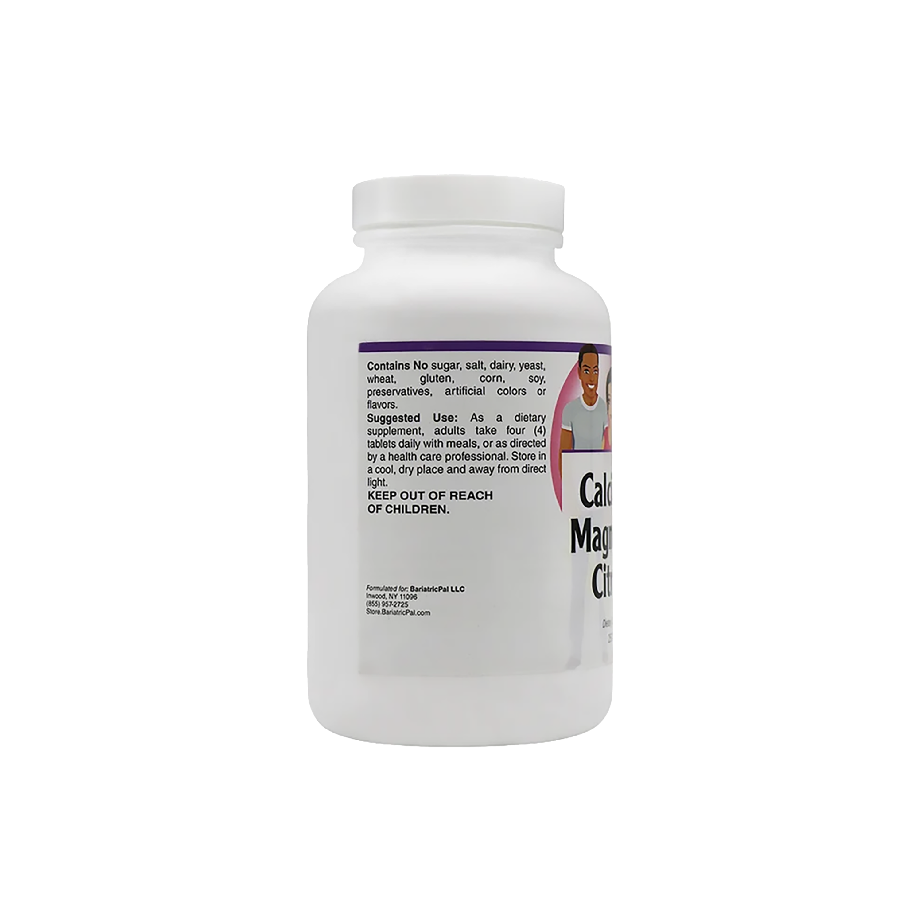 Bottle of calcium & magnesium citrate  dietary supplements, showing ingredients and suggested use.