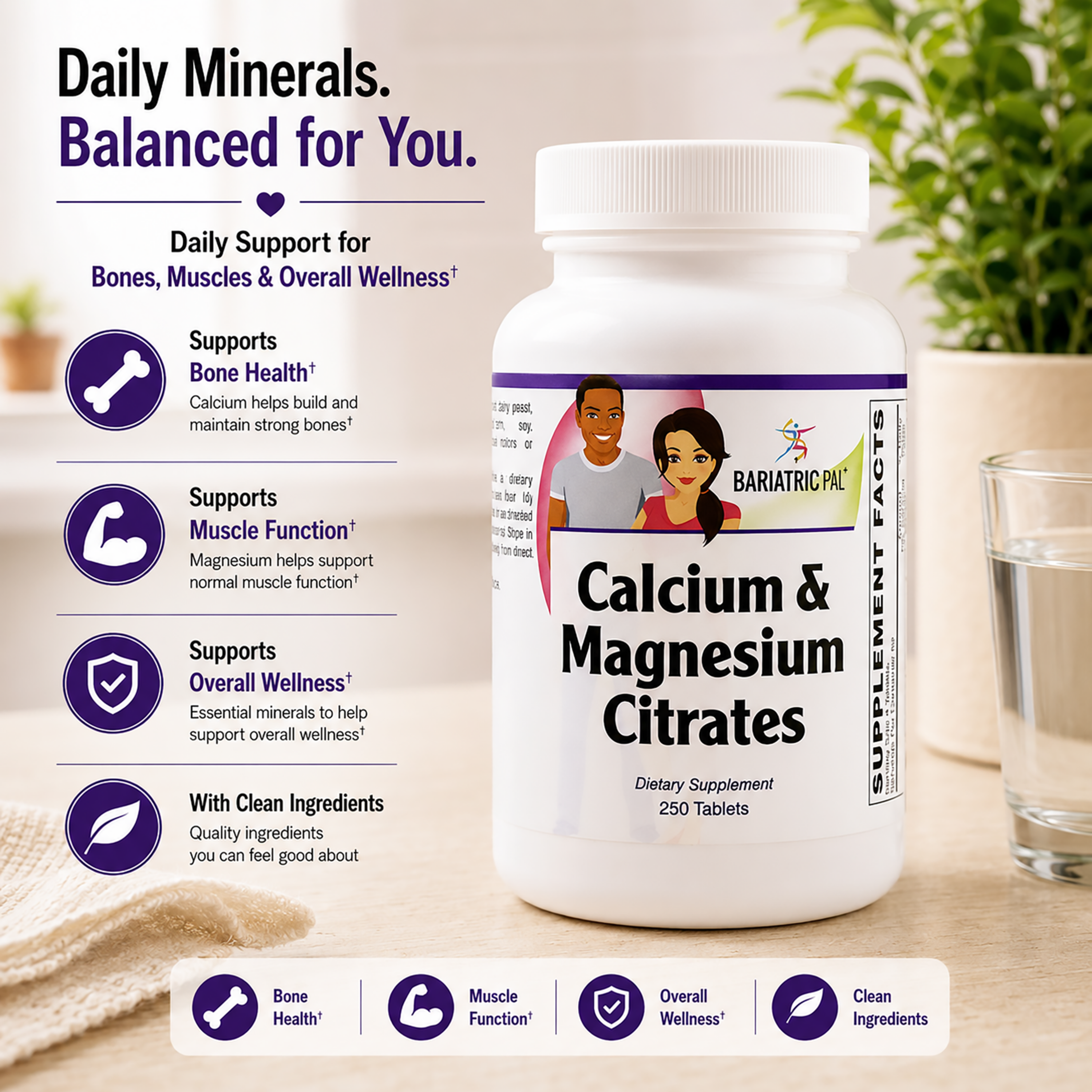 A white bottle of BariatricPal Calcium & Magnesium Citrates dietary supplement, 250 tablets, displayed on a wooden surface next to a glass of water. The background is a warm beige with a soft-focus green plant, and the left side features a promotional text panel detailing the benefits of the supplement.