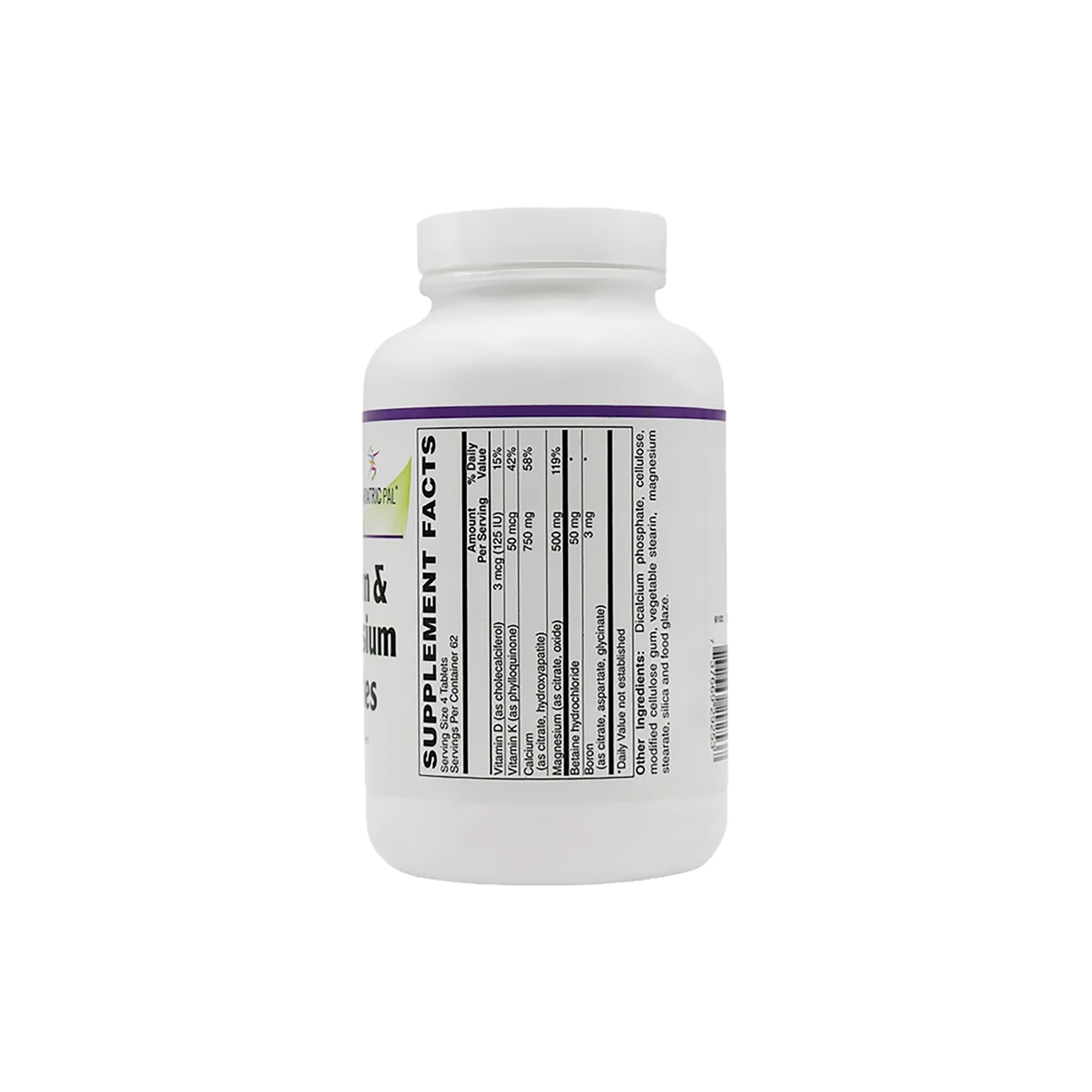 Bottle of calcium & magnesium citrate  dietary supplements, showing the side label with supplement facts.