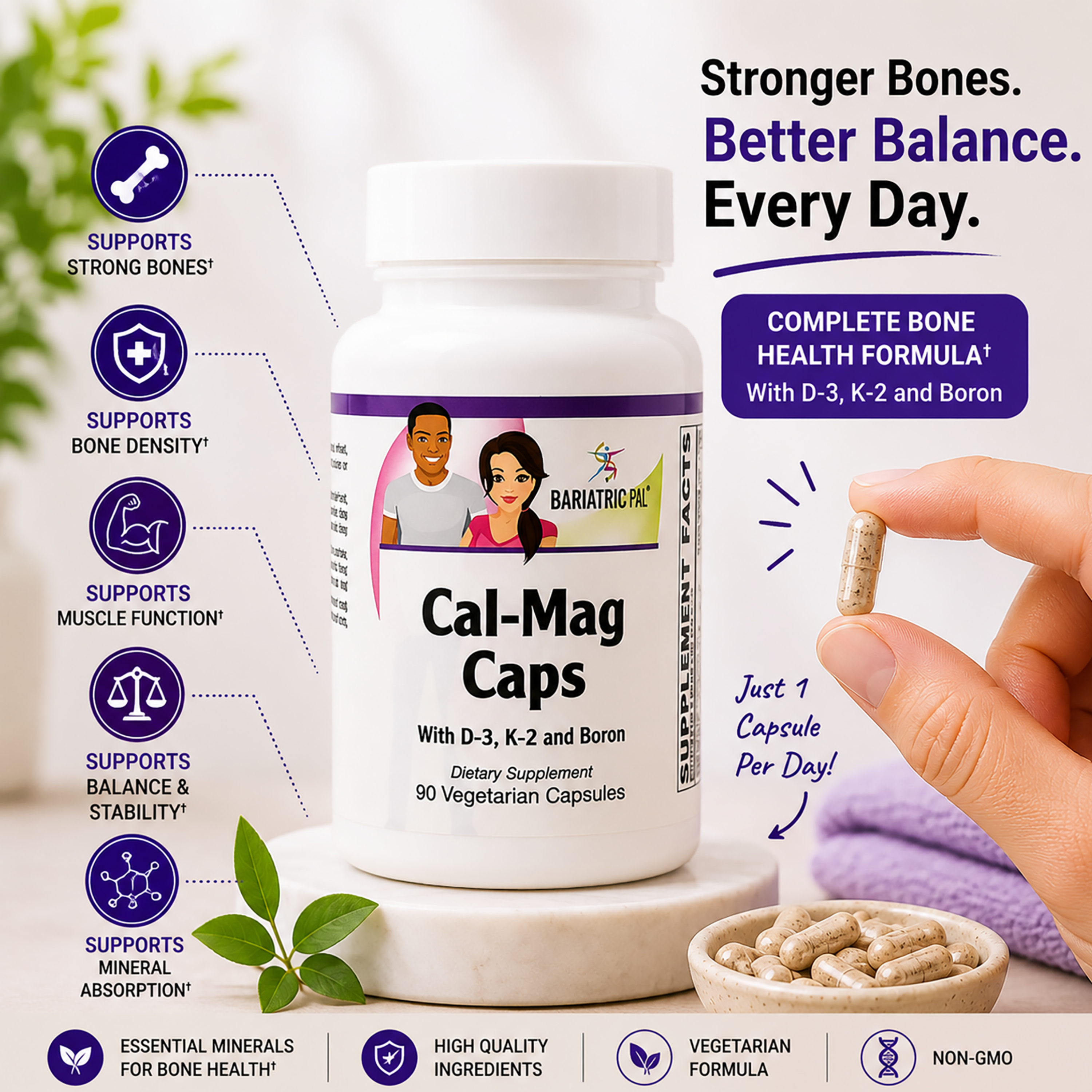 A hand holds a single capsule from a white supplement bottle labeled BariatricPal Cal-Mag Caps against a bright, clean background with promotional text and icons about bone health benefits.