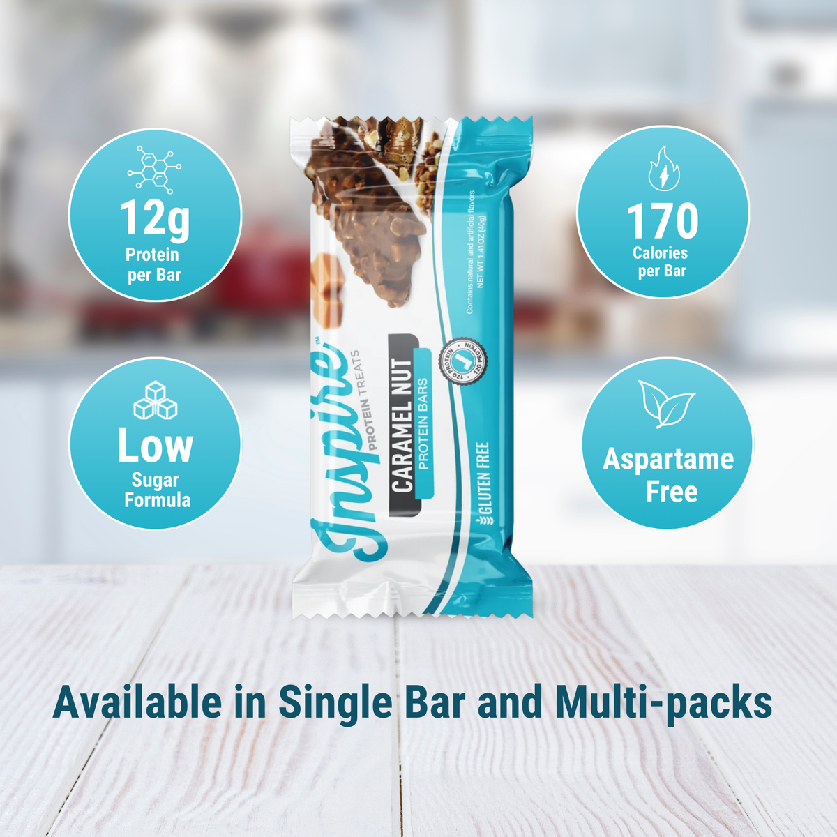 Inspire Caramel Nut Protein Bar with 12 grams of protein.