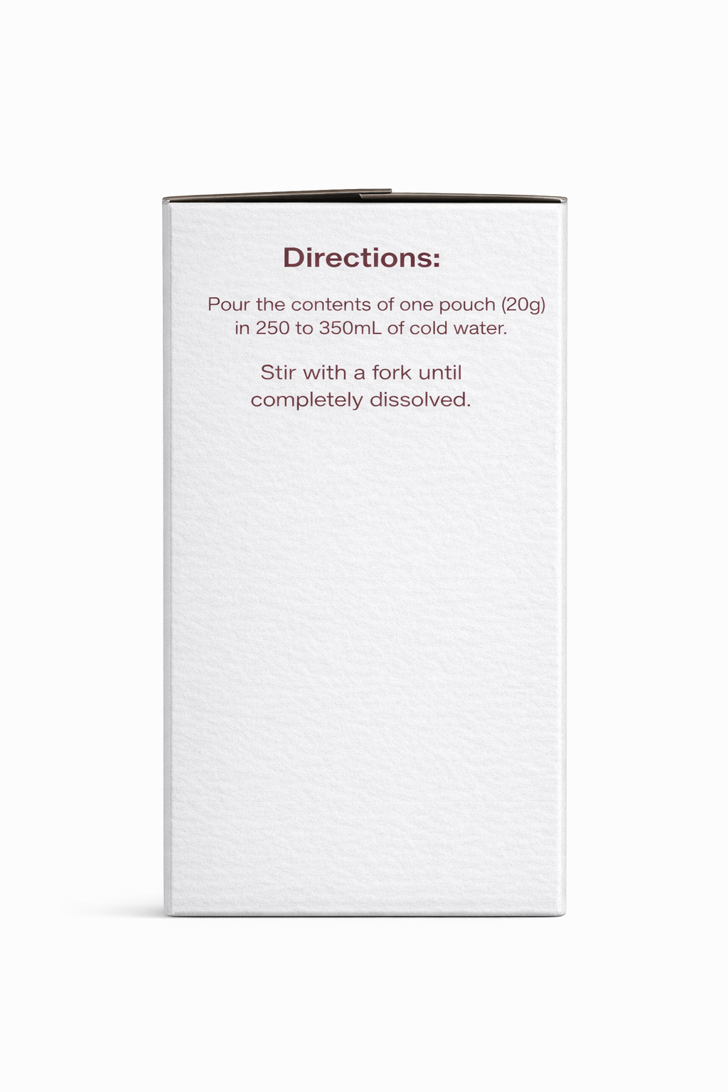 A white pouch with instructions on the back, detailing how to mix its contents with cold water using a fork until fully dissolved.
