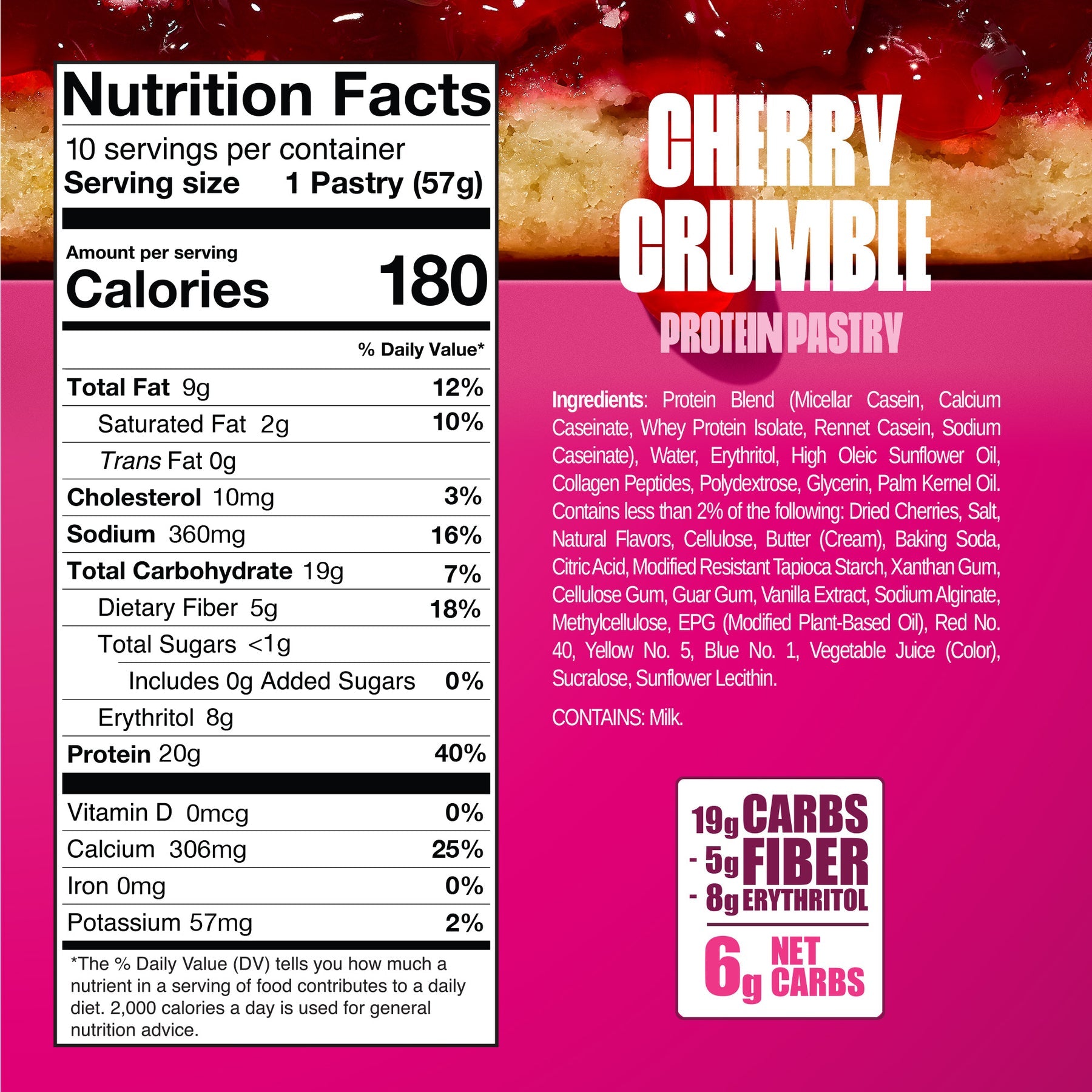 Nutrition facts label for Cherry Crumble protein pastry, detailing serving size, calories, fats, carbohydrates, protein, and ingredients, set against a vibrant pink background.
