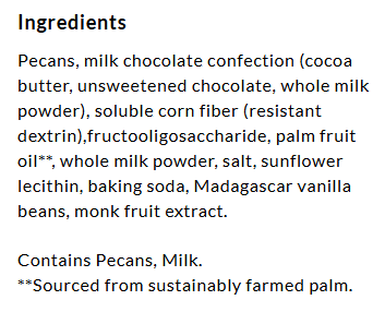 A list of ingredients for a chocolate product, including pecans, milk chocolate, and various additives, with a note on allergens and sustainable sourcing of palm oil.