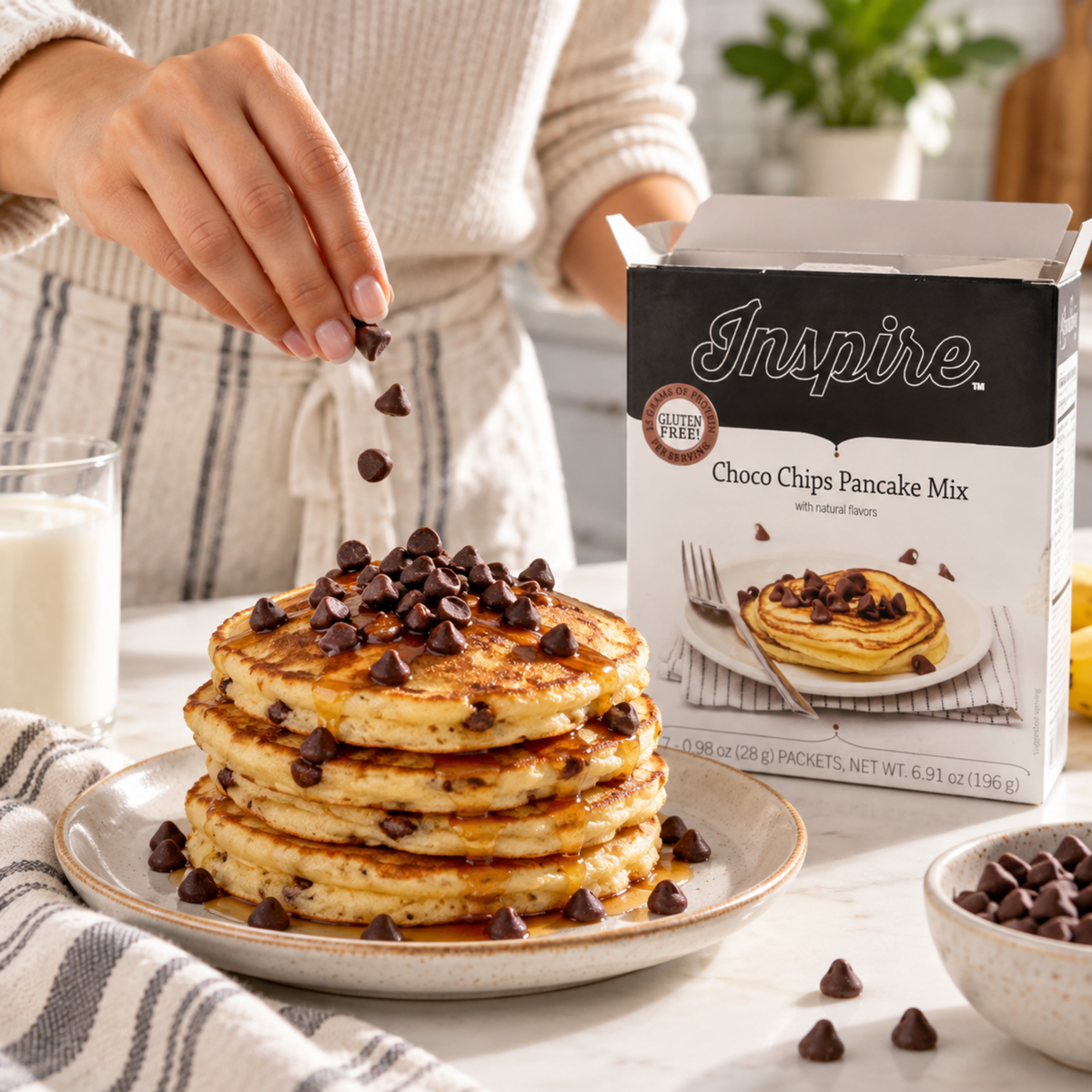 Inspire Old Fashioned Protein Pancake Mix. Each packet provides 15 grams of protein, 100 calories, 7 grams of carbohydrates and 1 gram of sugar.