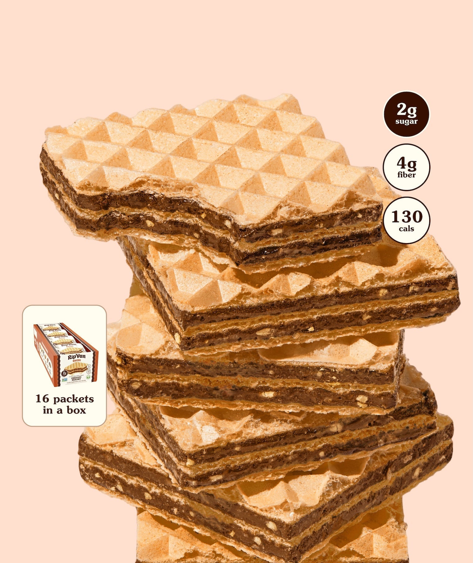 A stack of golden-brown wafers with chocolate filling is displayed against a light pink background, featuring nutritional information highlighting 2g sugar, 4g fiber, and 130 calories per serving.