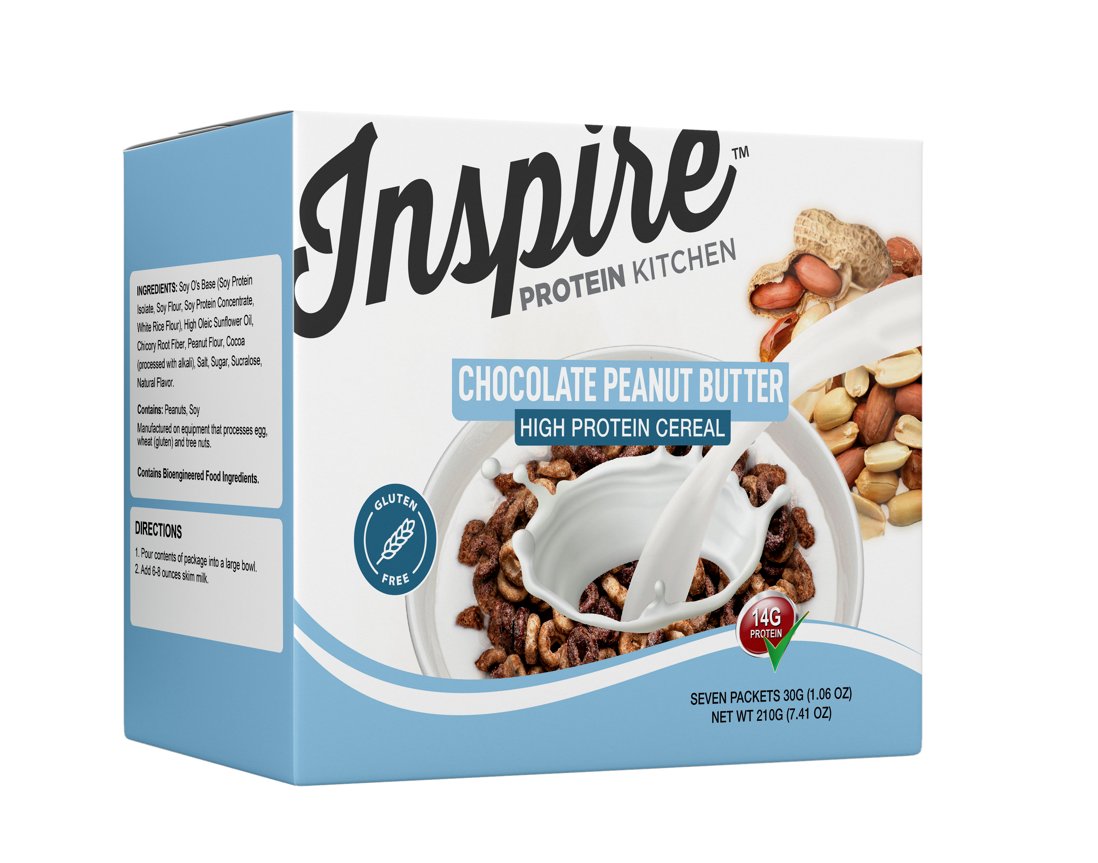 A box of Inspire Protein Kitchen Chocolate Peanut Butter high protein cereal features a bowl filled with cereal and a spoon, showcasing ingredients like peanuts and chocolate on the side.