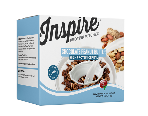 A box of Inspire Protein Kitchen Chocolate Peanut Butter high protein cereal features a bowl filled with cereal and a spoon, showcasing ingredients like peanuts and chocolate on the side.