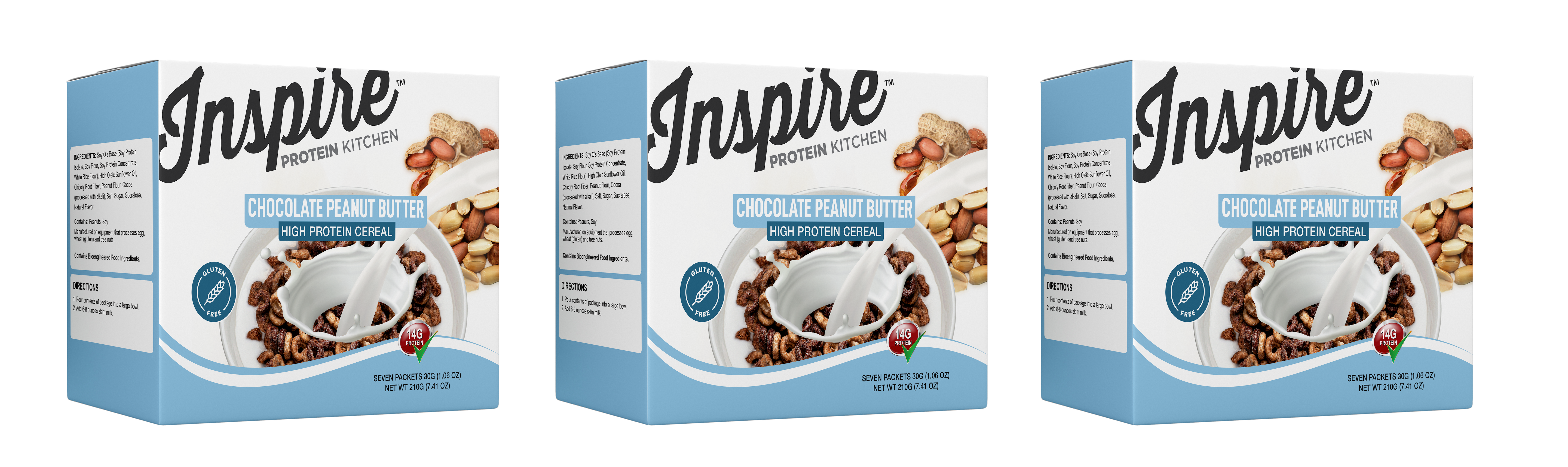 Three boxes of Inspire Protein Kitchen Chocolate Peanut Butter high-protein cereal are displayed, featuring a bowl of cereal with a spoon and scattered peanuts, emphasizing its gluten-free and protein-rich qualities.