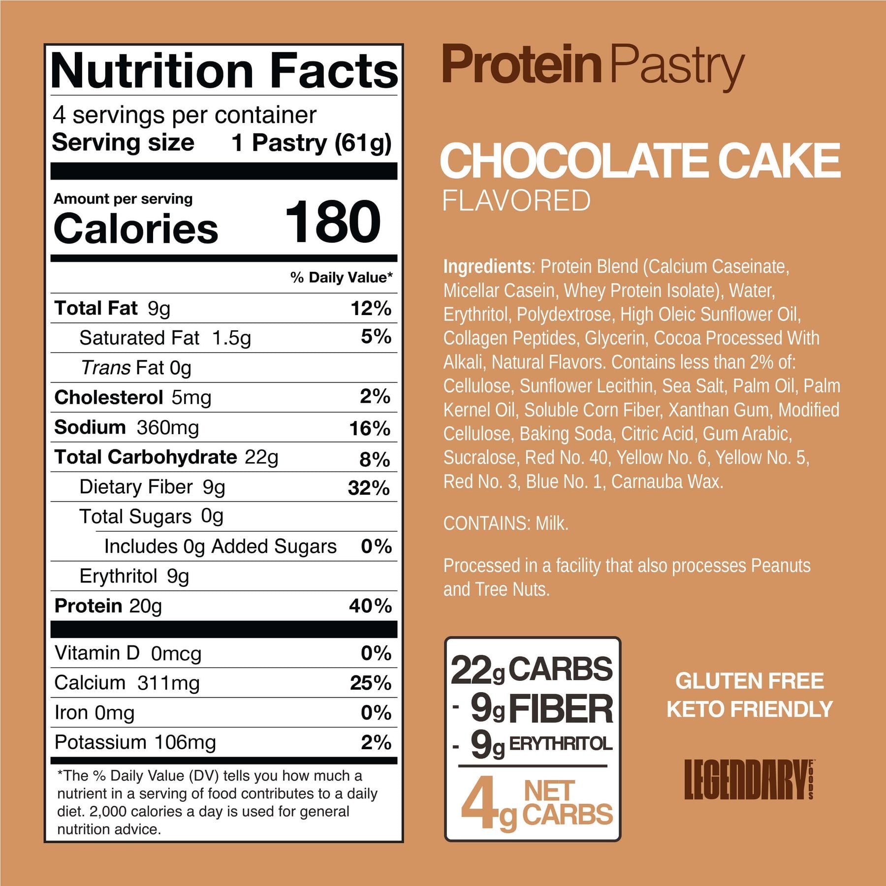 Nutrition facts label for a chocolate cake-flavored protein pastry, detailing serving size, calories, ingredients, and nutritional content, emphasizing gluten-free and keto-friendly attributes.