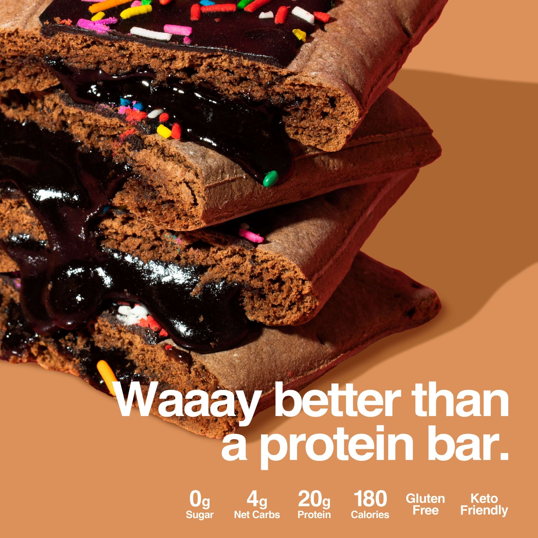 Three chocolate pastries stacked, with gooey filling oozing out and colorful sprinkles on top, set against an orange background, highlighting their low sugar and high protein content.