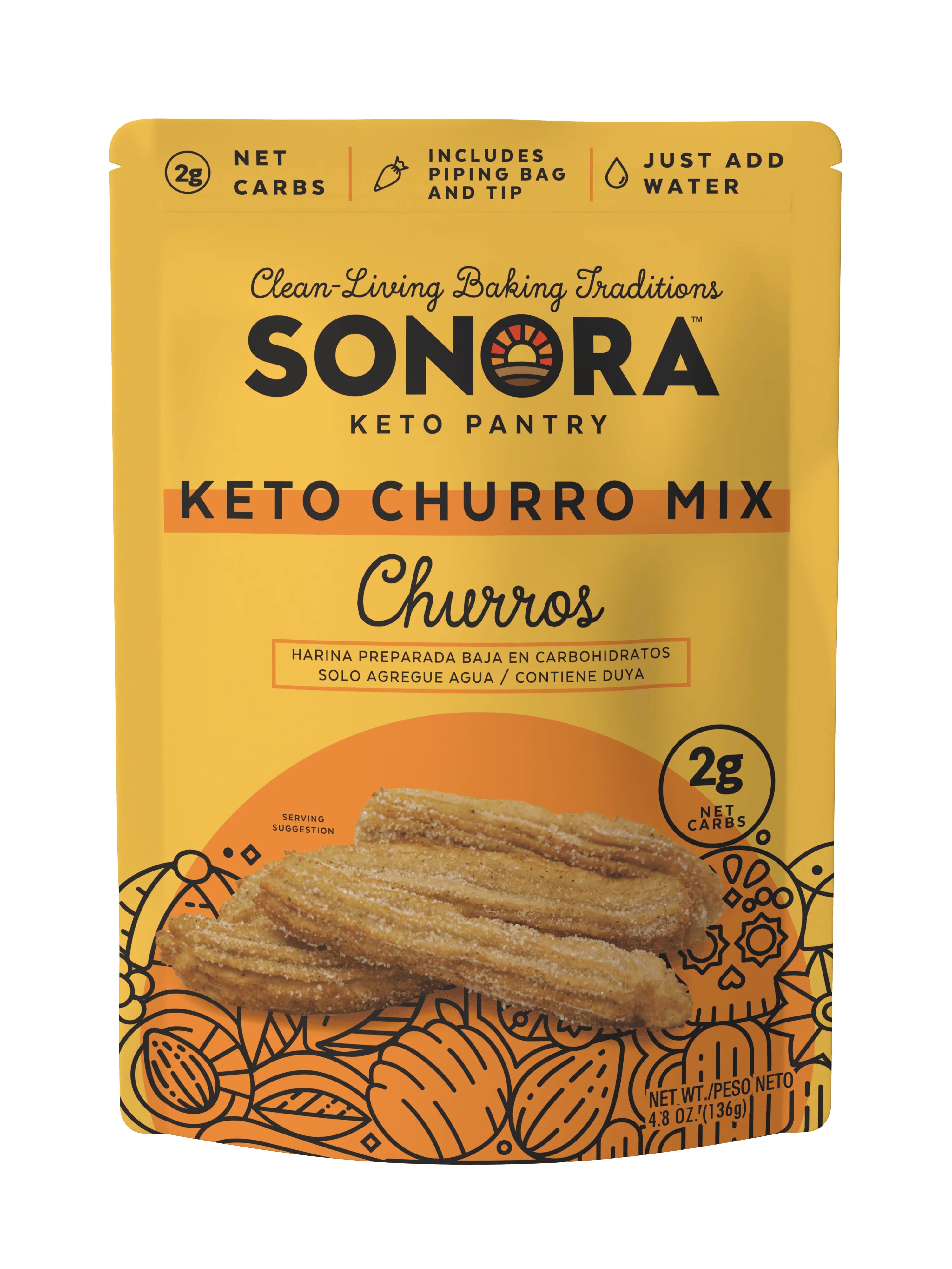 A bright yellow package of Sonora Keto Churro Mix features a serving suggestion of churros, with text highlighting low carbs and instructions to just add water.