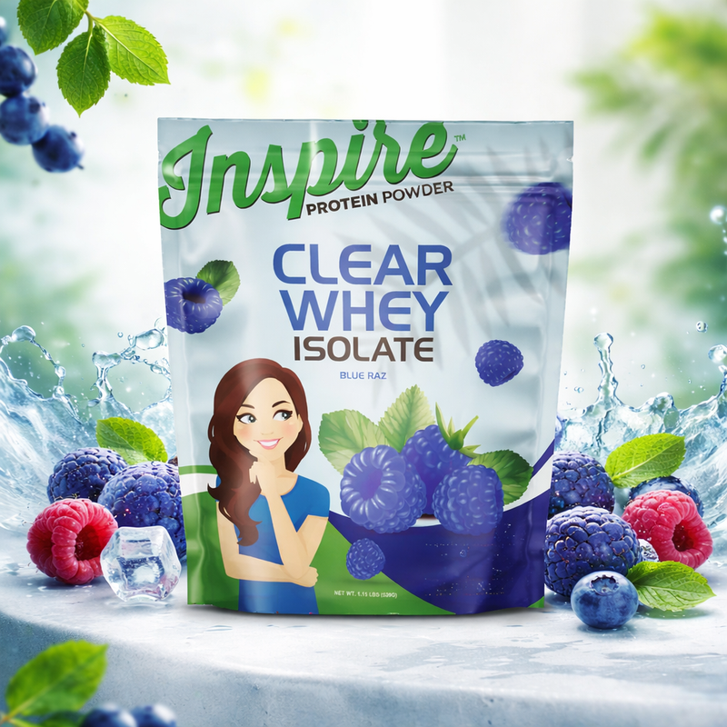 Package of Inspire Clear Whey Isolate protein powder with berries and water droplets in the background