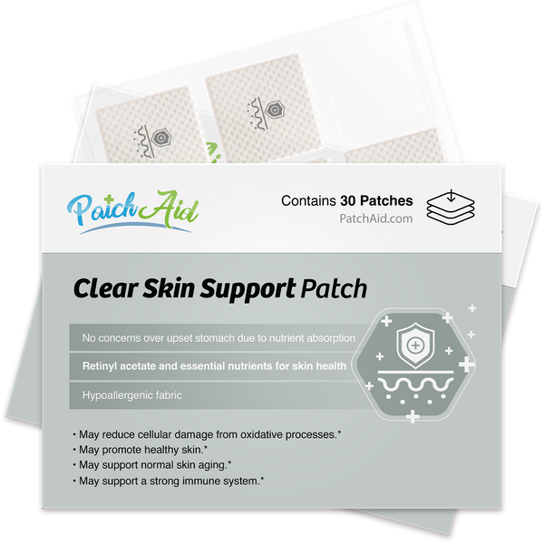 A package of Clear Skin Support patches from PatchAid, featuring a list of benefits and ingredients, displayed against a light background with three patches visible in the foreground.