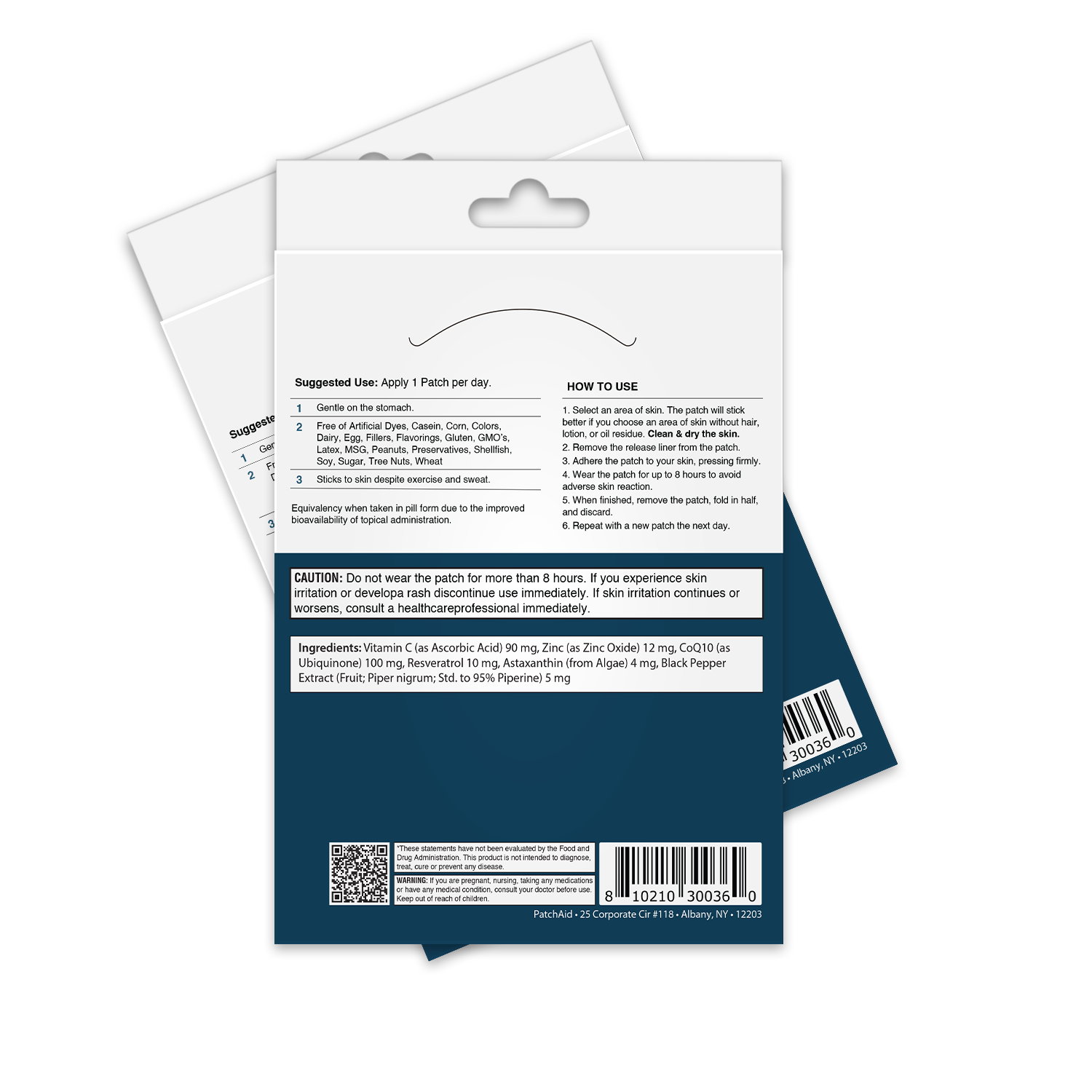 A product packaging for a skin patch, displaying instructions for use, ingredients, and cautionary notes, with a blue and white design featuring a peel-off back.