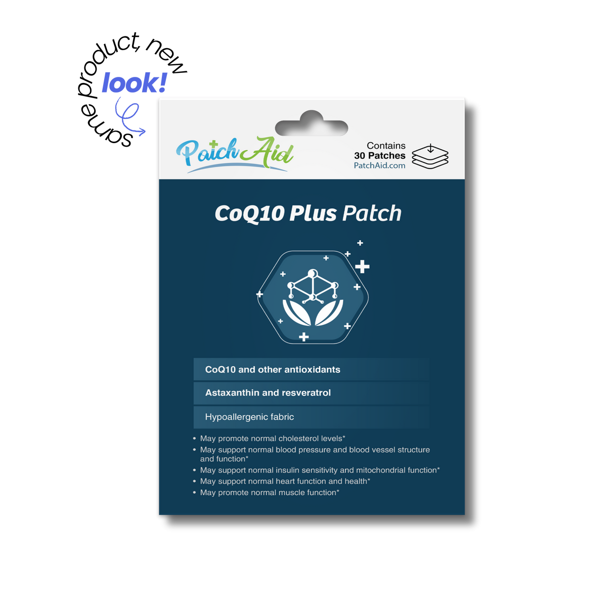 PatchAid CoQ10 Plus Patches with CoQ10, astaxanthin, resveratrol and other antioxidants. Contains 30 hypoallergenic patches.