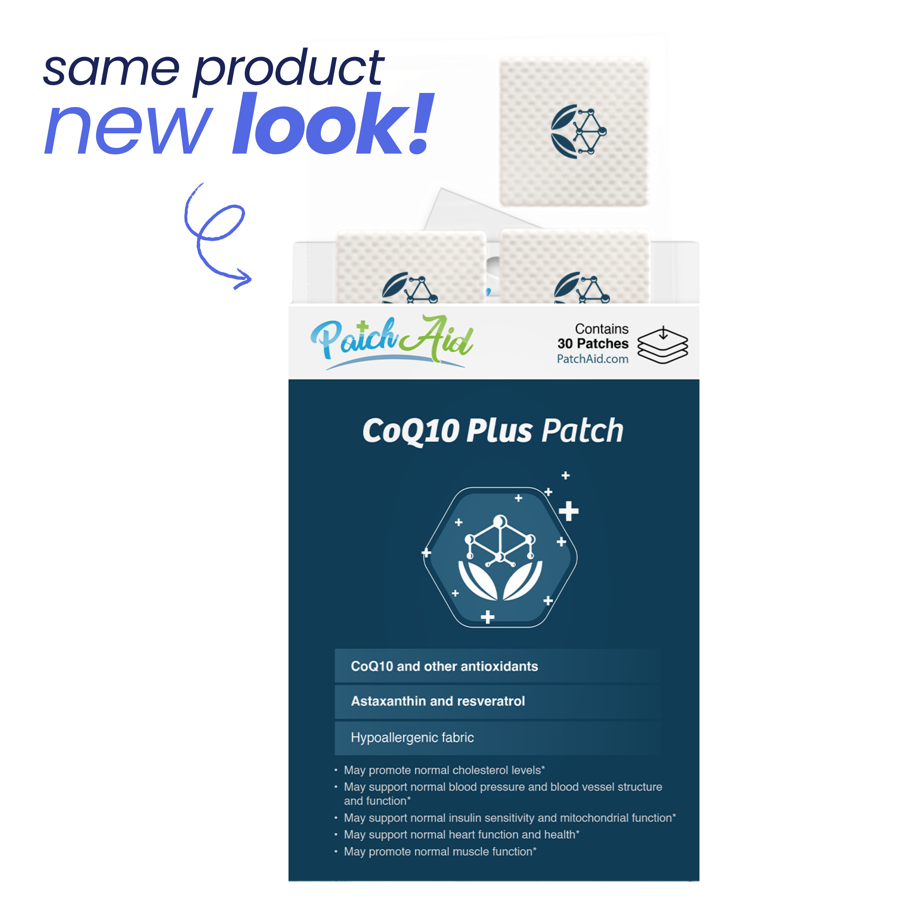 A product box for CoQ10 Plus Patches displays a new design, featuring a blue background, product details, and highlights of potential health benefits, with a note indicating it's the same product in a new look.