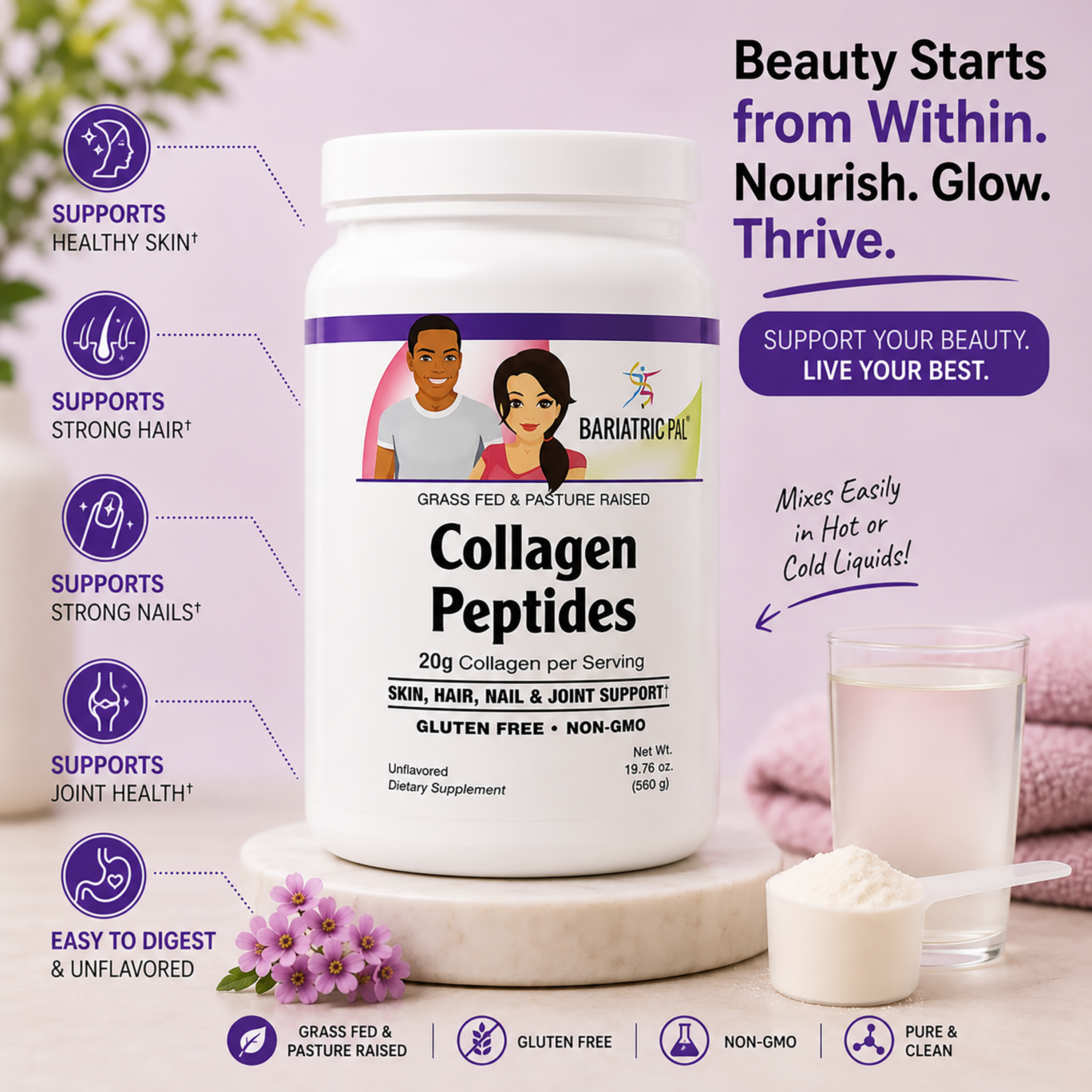 BariatricPal Collagen Peptides – Unflavored, 20 g Collagen per Serving. Mixes easily in Hot OR Cold Liquids. 