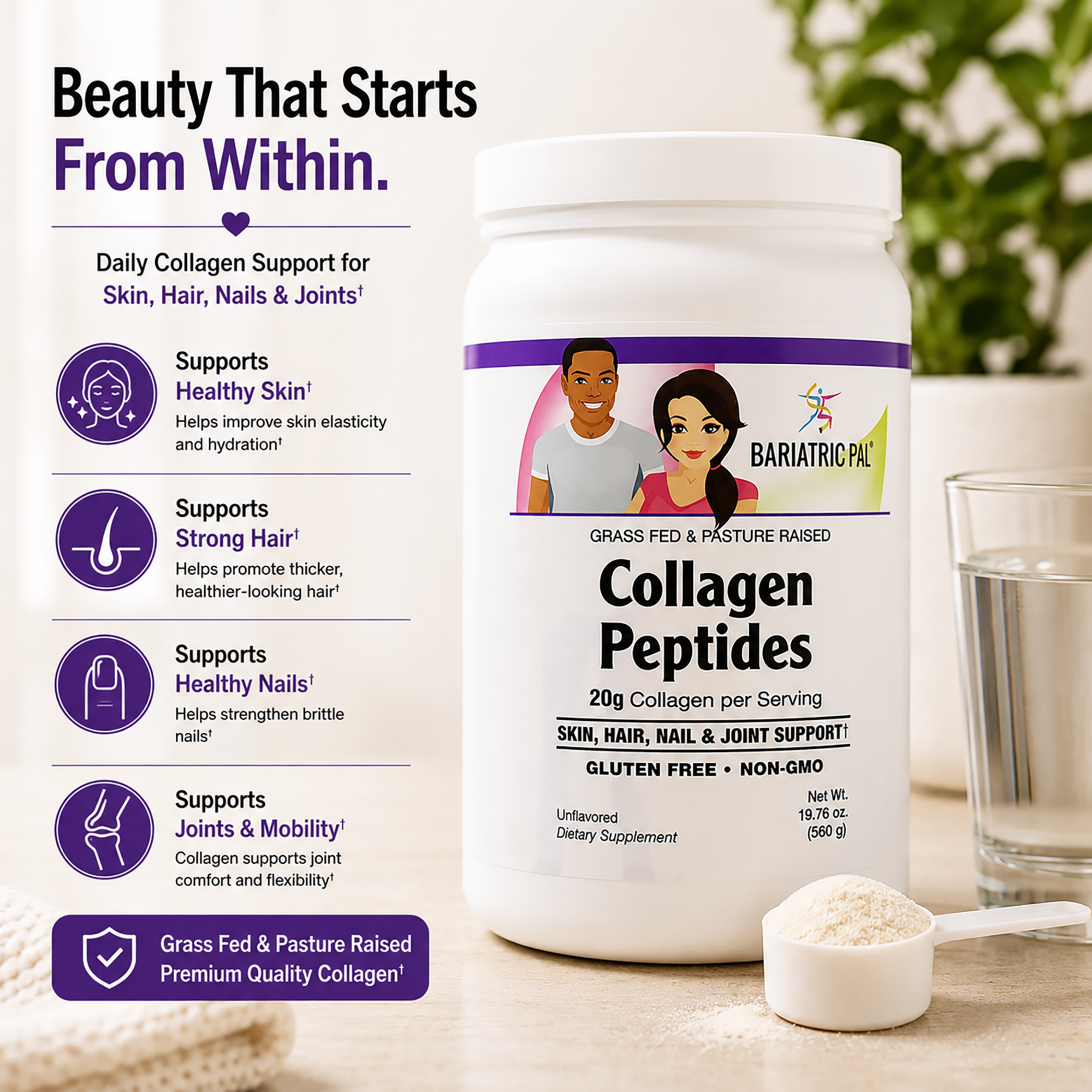 BariatricPal Collagen Peptides – Unflavored, 20 g Collagen per Serving. Supports strong hair, nails, skin, and joints.