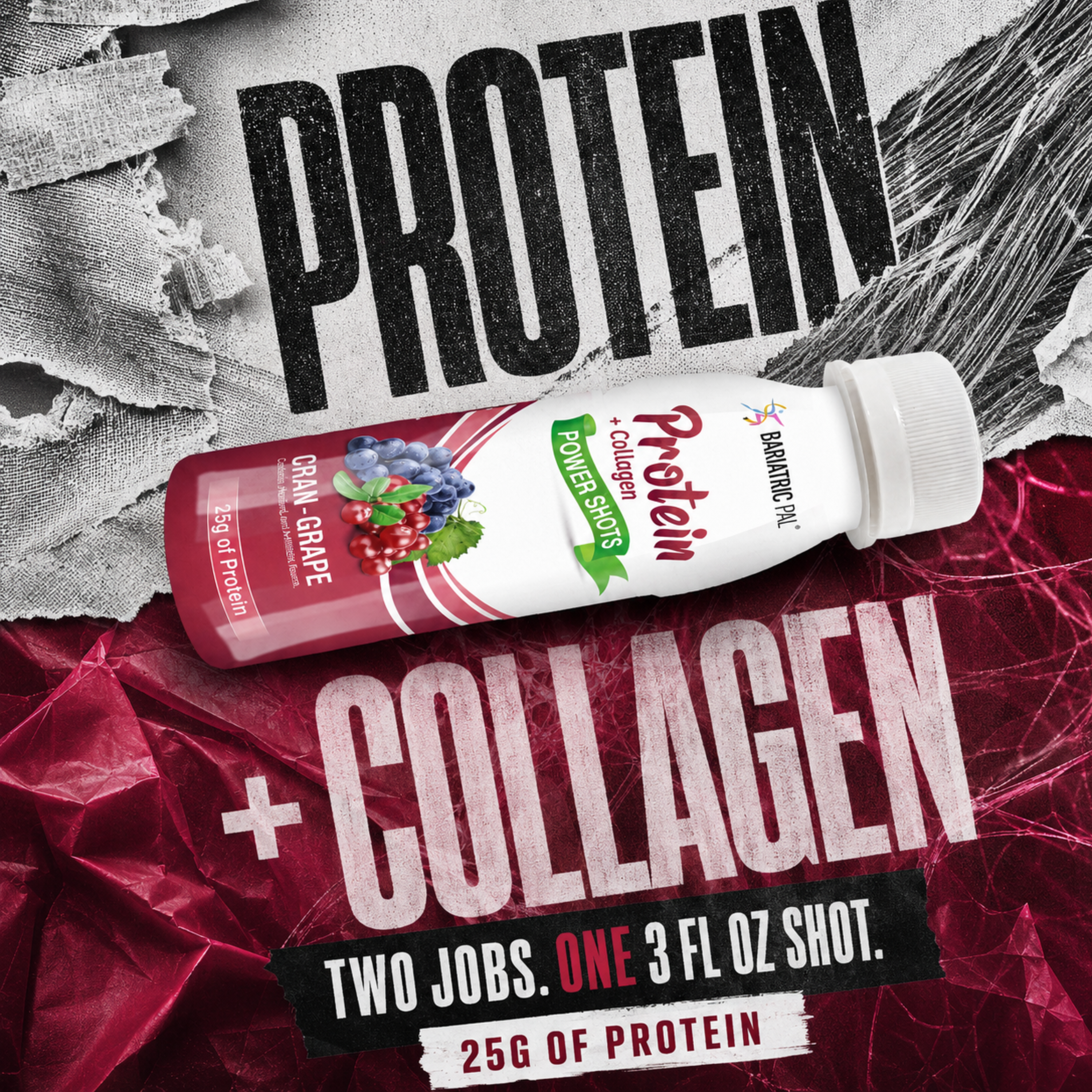 BariatricPal Cran-Grape Protein + Collagen Power Shot with 25 grams of protein in a 3-fluid-ounce bottle.