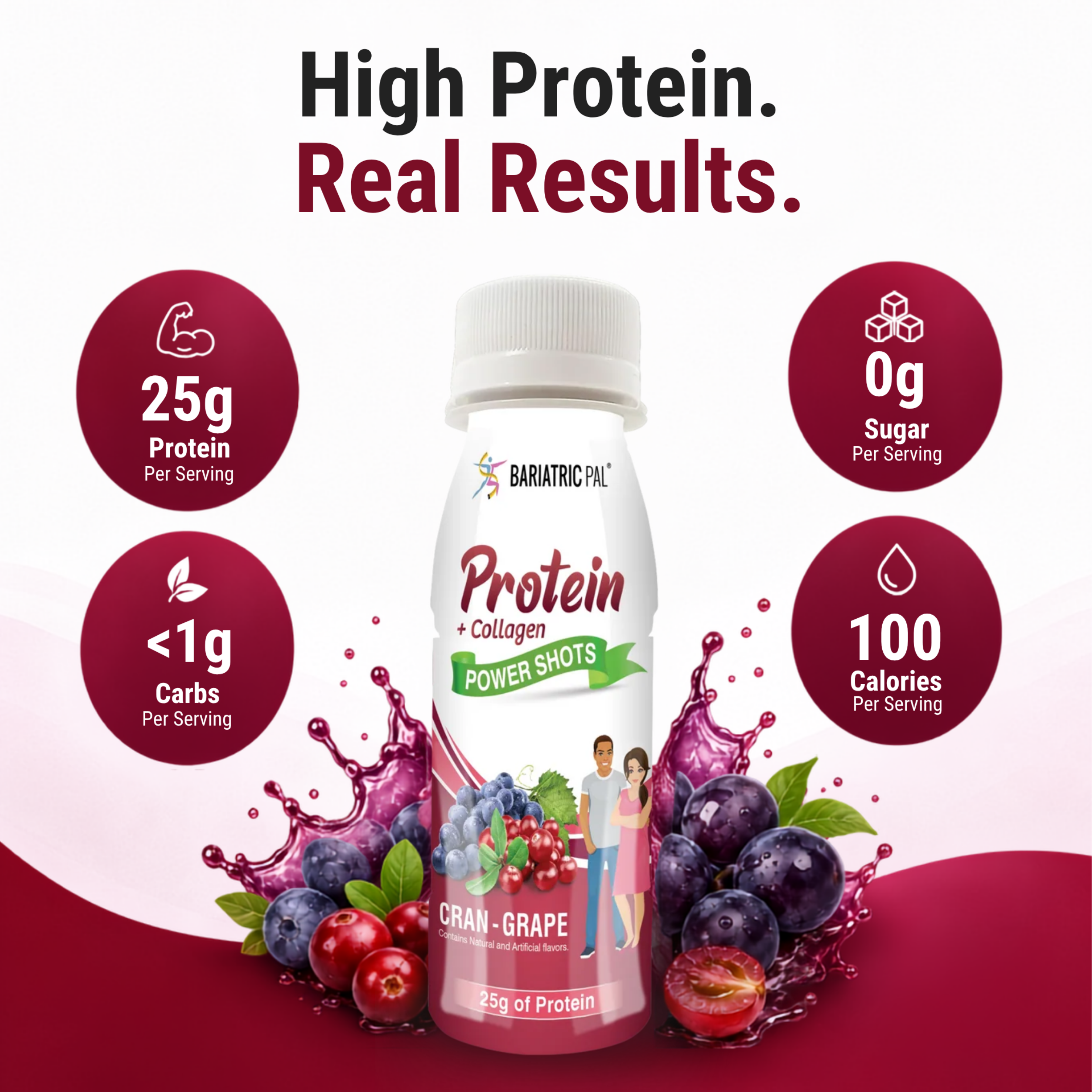 BariatricPal Cran-Grape Protein + Collagen Power Shot with 25 grams of protein in a 3-fluid-ounce bottle.