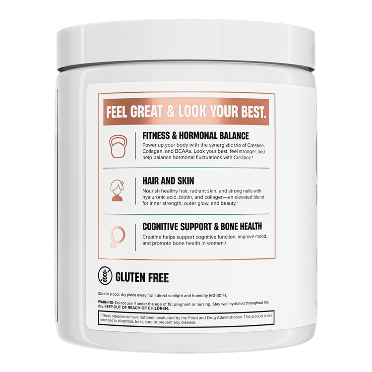 A white container labeled with benefits for fitness, hair, skin, cognitive support, and bone health, highlighting gluten-free and usage instructions for a dietary supplement.