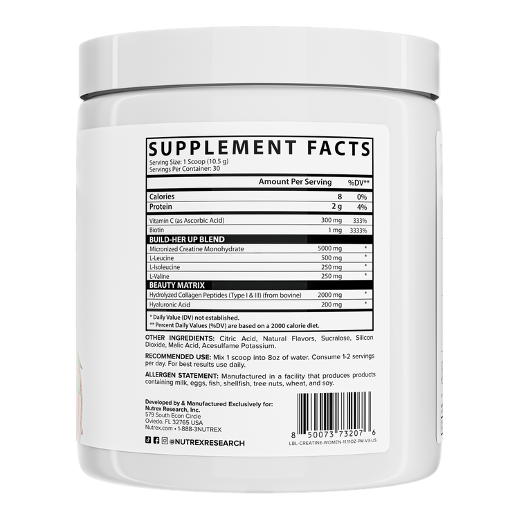A white supplement container displays a detailed nutrition facts label, listing ingredients and serving information, indicating it's designed for enhancing beauty and performance.