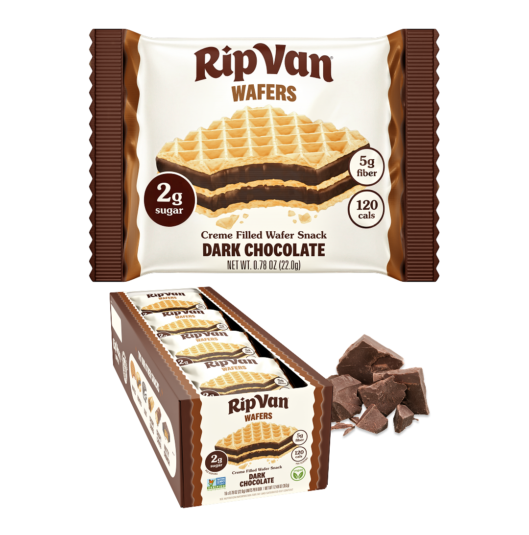 A package of RipVan Dark Chocolate Wafers is shown, featuring a cream-filled wafer snack with nutritional information, alongside a box containing multiple individual servings and pieces of dark chocolate.