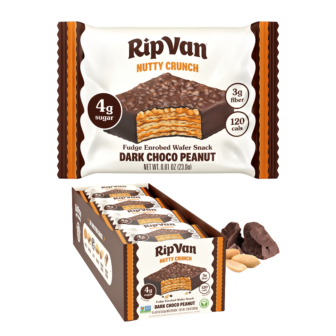 A box of RipVan Nutty Crunch Dark Choco Peanut fudge-enrobed wafer snacks is displayed, showcasing individual wrappers and pieces of chocolate and peanuts beside it.