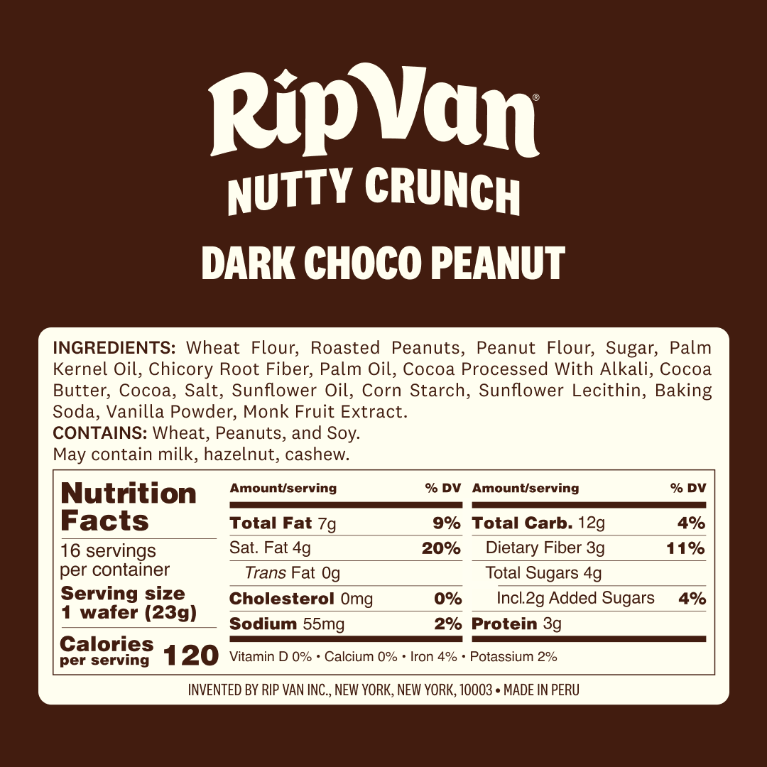 A nutrition label for Rip Van's Nutty Crunch Dark Choco Peanut, listing ingredients, serving size, calories, and nutritional information for a snack product.