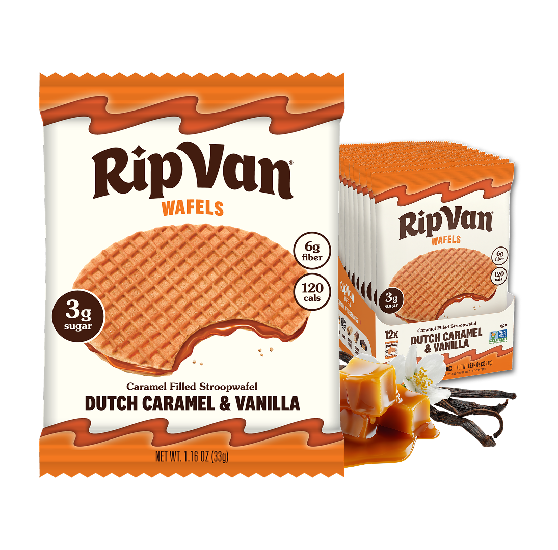 RipVan Wafels package features a caramel-filled stroopwafel with a bite taken out, highlighting its Dutch caramel and vanilla flavor, alongside a box containing multiple servings.