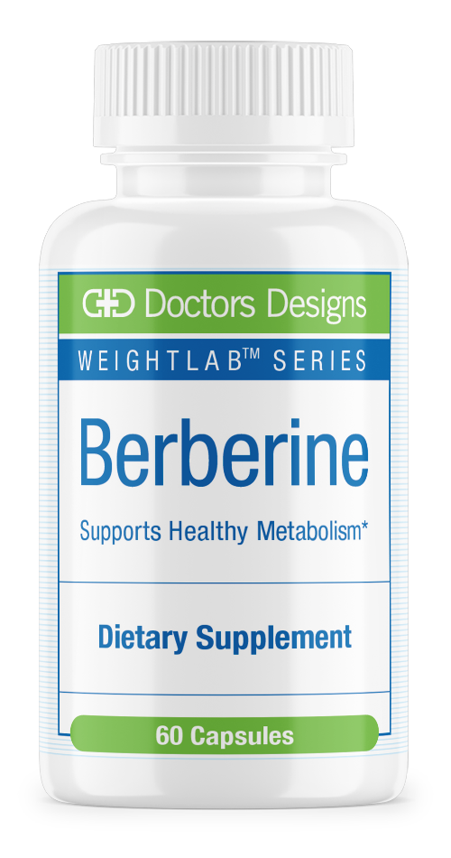 A white bottle labeled "Berberine" with blue and green accents contains 60 capsules and states it supports healthy metabolism, part of the Doctors Designs WeightLab Series dietary supplements.