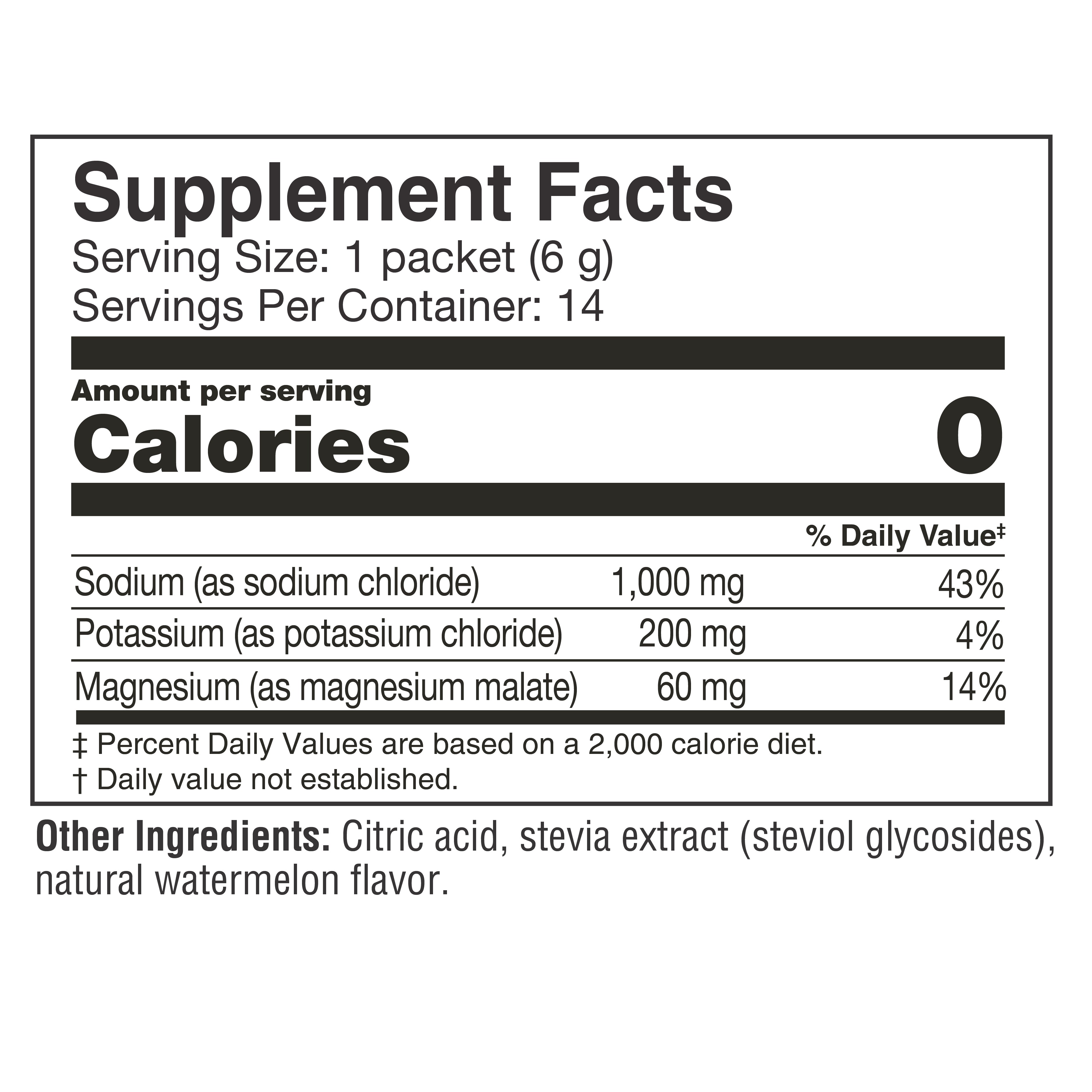 Nutrition label detailing supplement facts for a watermelon-flavored product, listing serving size, calories, and amounts of sodium, potassium, and magnesium per serving, along with additional ingredients.