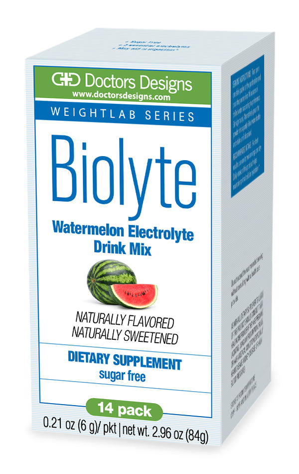 A box of Biolyte Watermelon Electrolyte Drink Mix, featuring a watermelon graphic, highlights its sugar-free formula and comes in a 14-pack for dietary supplementation.