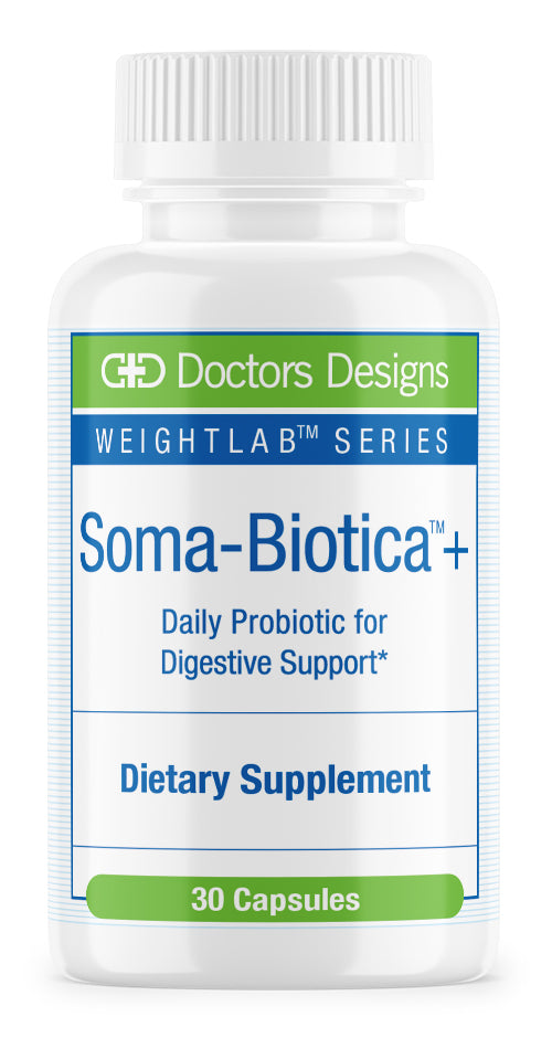 A white bottle labeled "Soma-Biotica+" contains 30 capsules, marketed as a daily probiotic for digestive support, from the "Doctors Designs WeightLab Series."