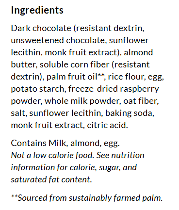 A list of ingredients for a food product, detailing components like dark chocolate, almond butter, and freeze-dried raspberry powder, with notes on allergens and sustainability.