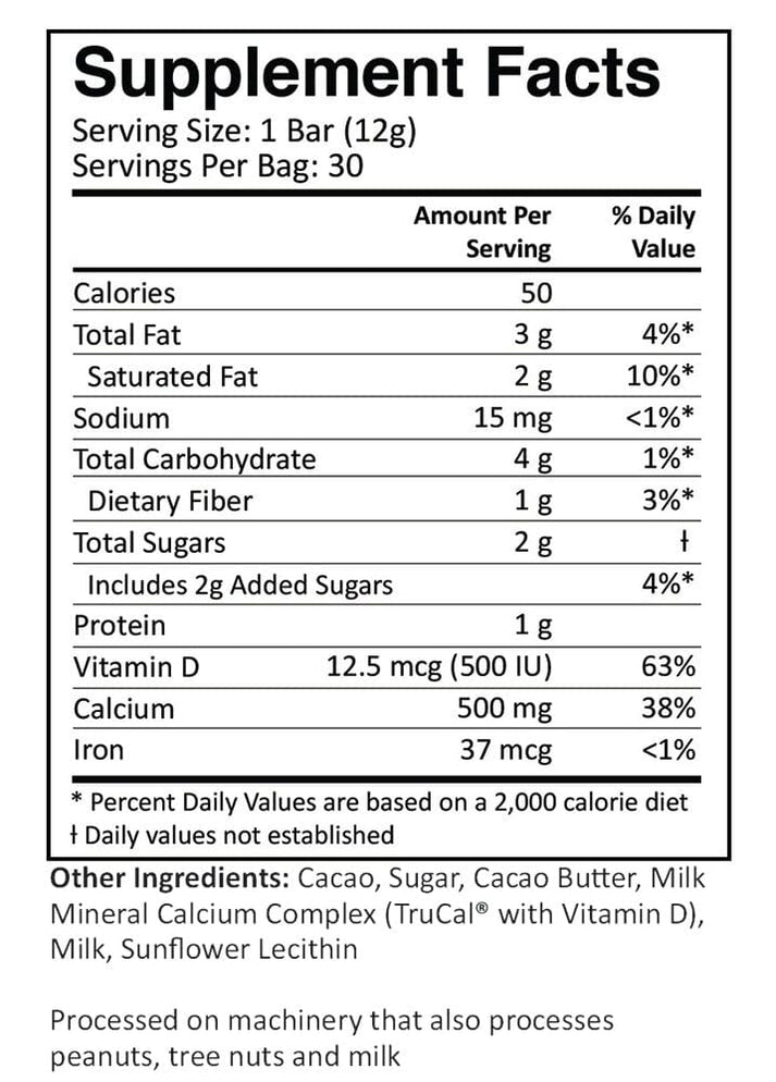 A nutrition facts label detailing the serving size, calorie count, and nutrient content for a supplement bar, including information on fats, sugars, protein, vitamins, and minerals.