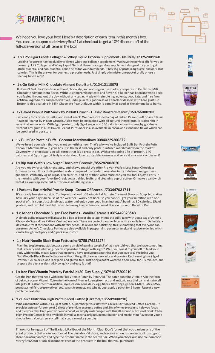 A colorful product list displays various items in a subscription box, including protein supplements, snacks, and coffee, each with descriptions highlighting their nutritional benefits and flavors.