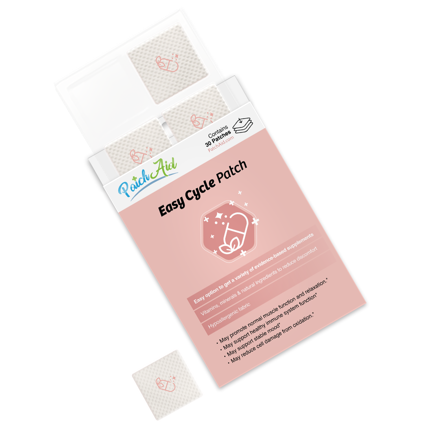 A pink packaging for "Easy Cycle Patch" displays a grid of patches with a small illustration, highlighting benefits like promoting muscle function and supporting mood, with a note on containing 30 patches.