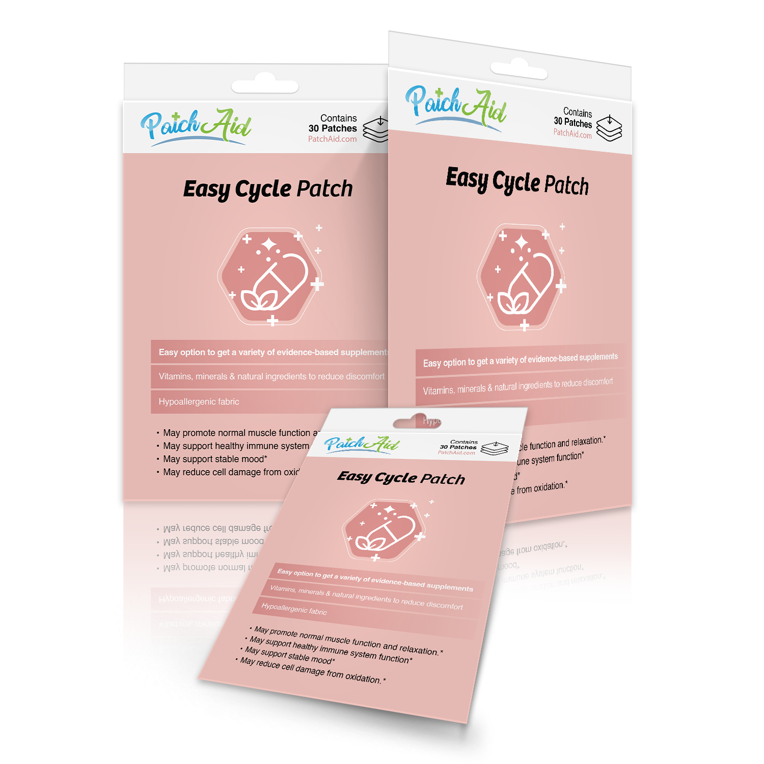 Three packages of "Easy Cycle Patch" by PatchAid are displayed, featuring a pink background, product details, and claims about vitamins and natural ingredients for reducing discomfort.