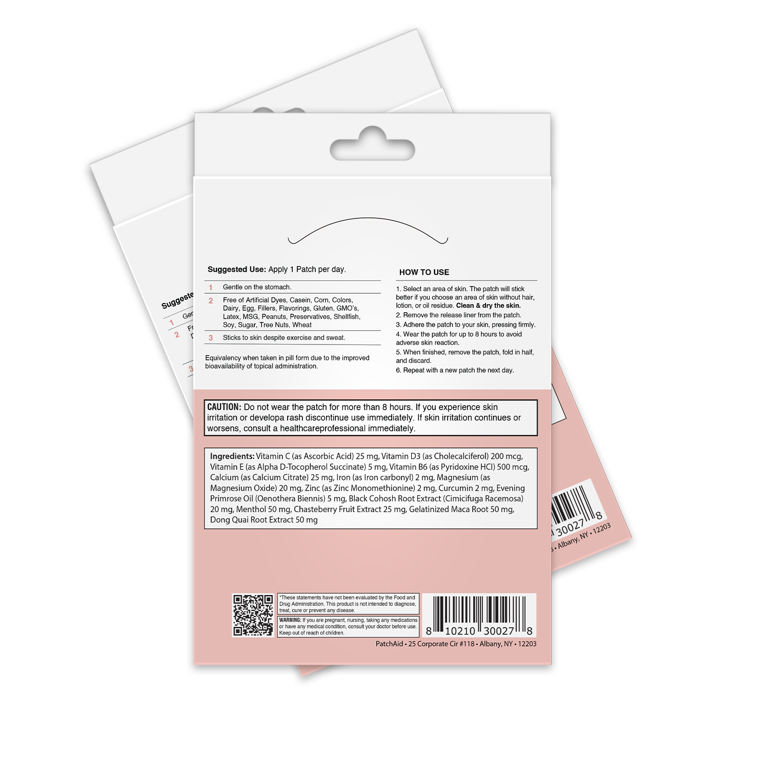 The back of a skincare product package displays usage instructions, ingredient list, and cautionary notes for a patch designed to be applied daily on the skin, emphasizing safety and effectiveness.